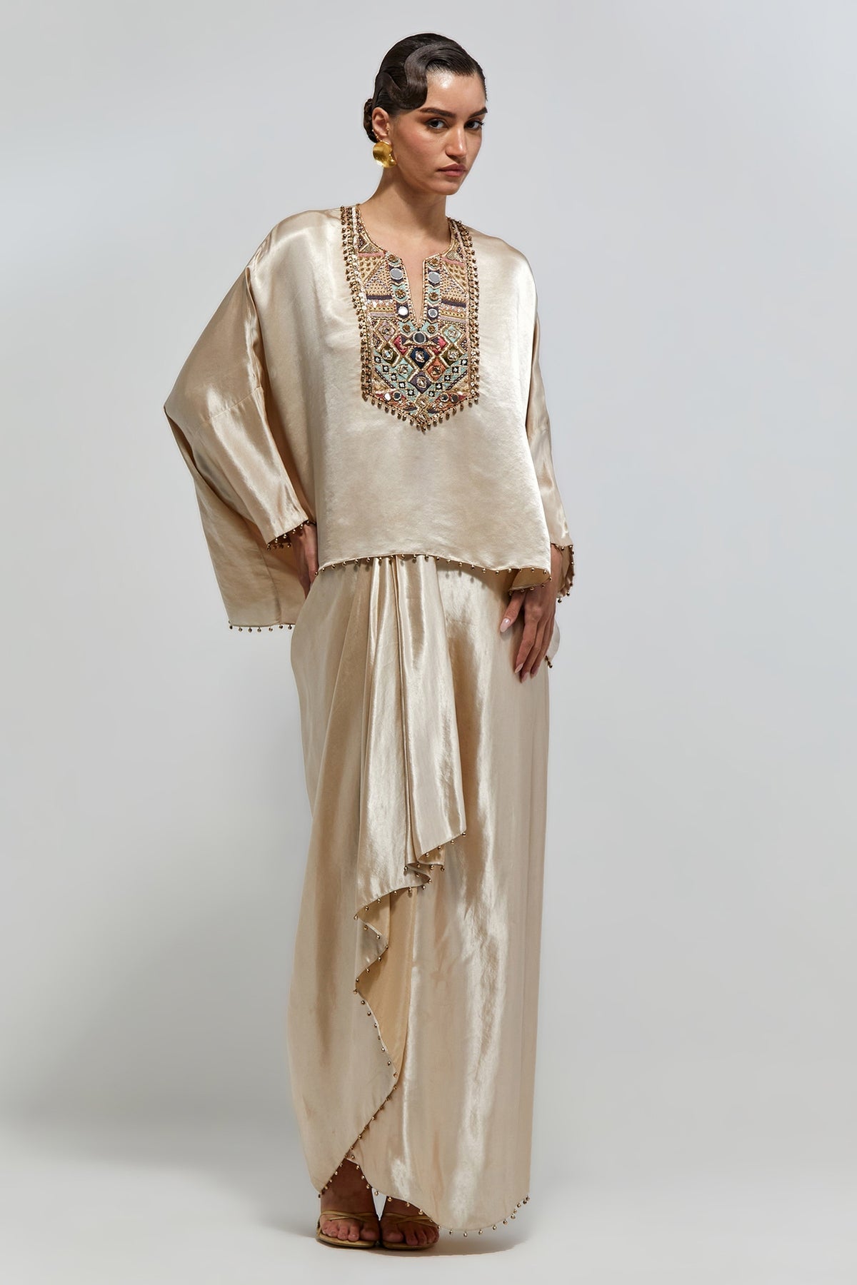 Risa Champagne Modal Satin Embroidered Yoke Top And Lungi Skirt