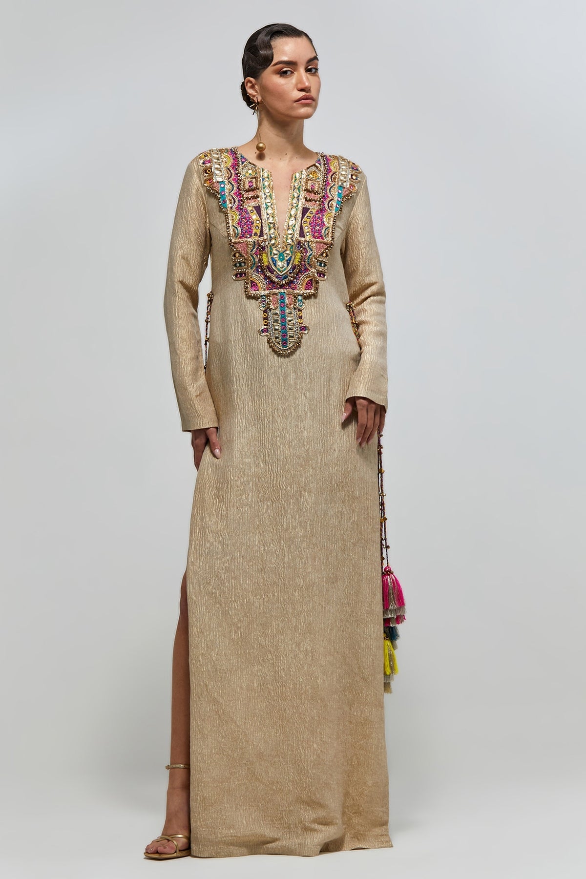 Nouriya Gold Crushed Tissue Embroidered Yoke Beyza Kaftan