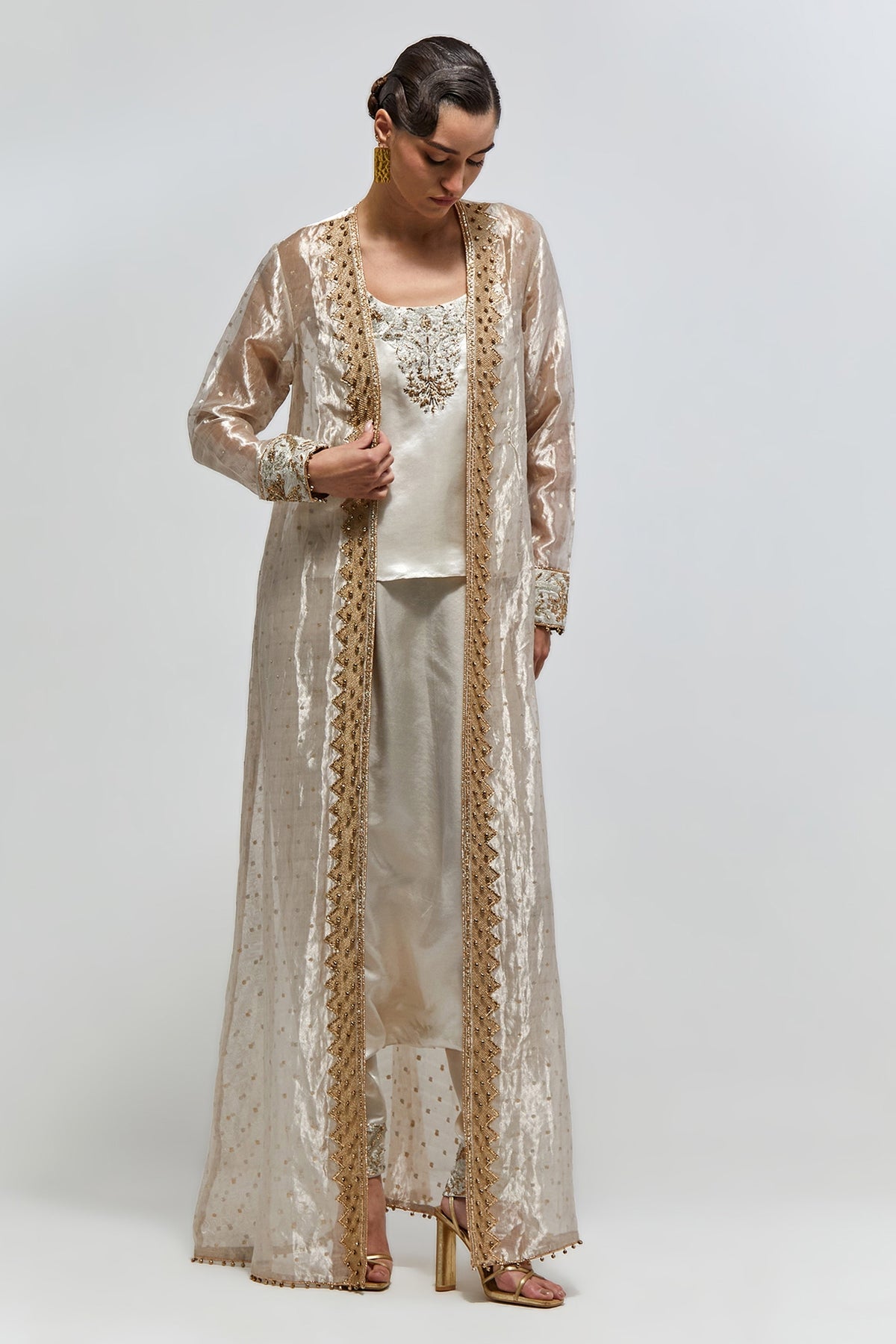 Haya Silver Butti Organza Embroidered Cape With Top And Low Crotch Pants