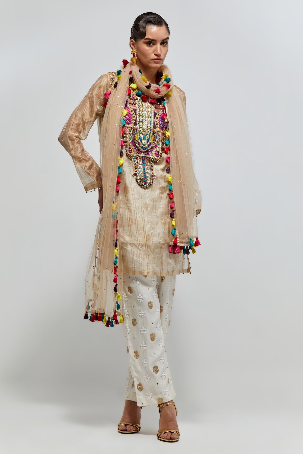 Zarif Gold Stripe Tissue Embroidered Yoke Kurta With Off-White Bustier With Palazzo And Mukaish Net Dupatta