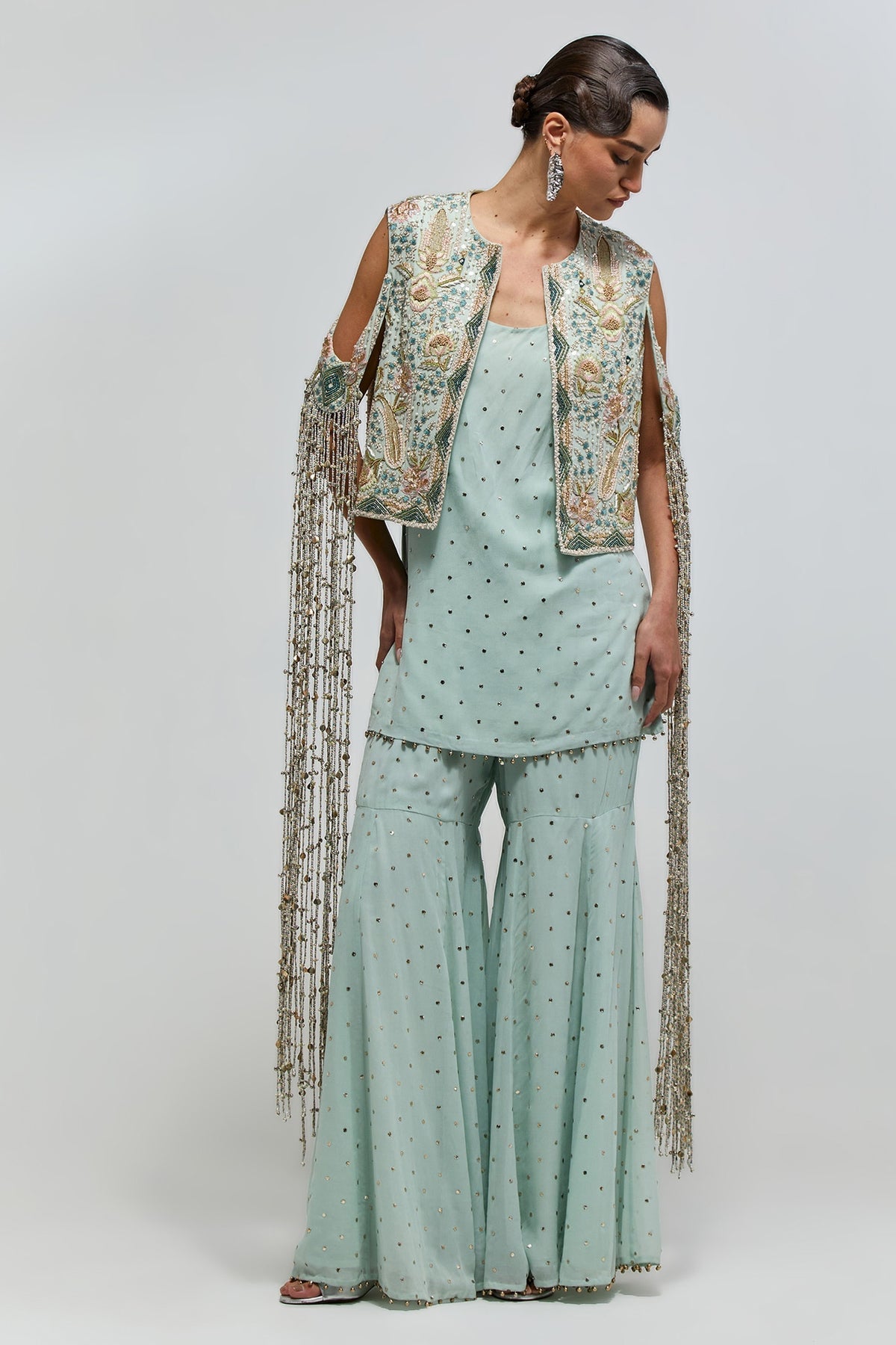 Manzar Powder Blue Georgette Embroidered Jacket With Short Kurta And Sharara