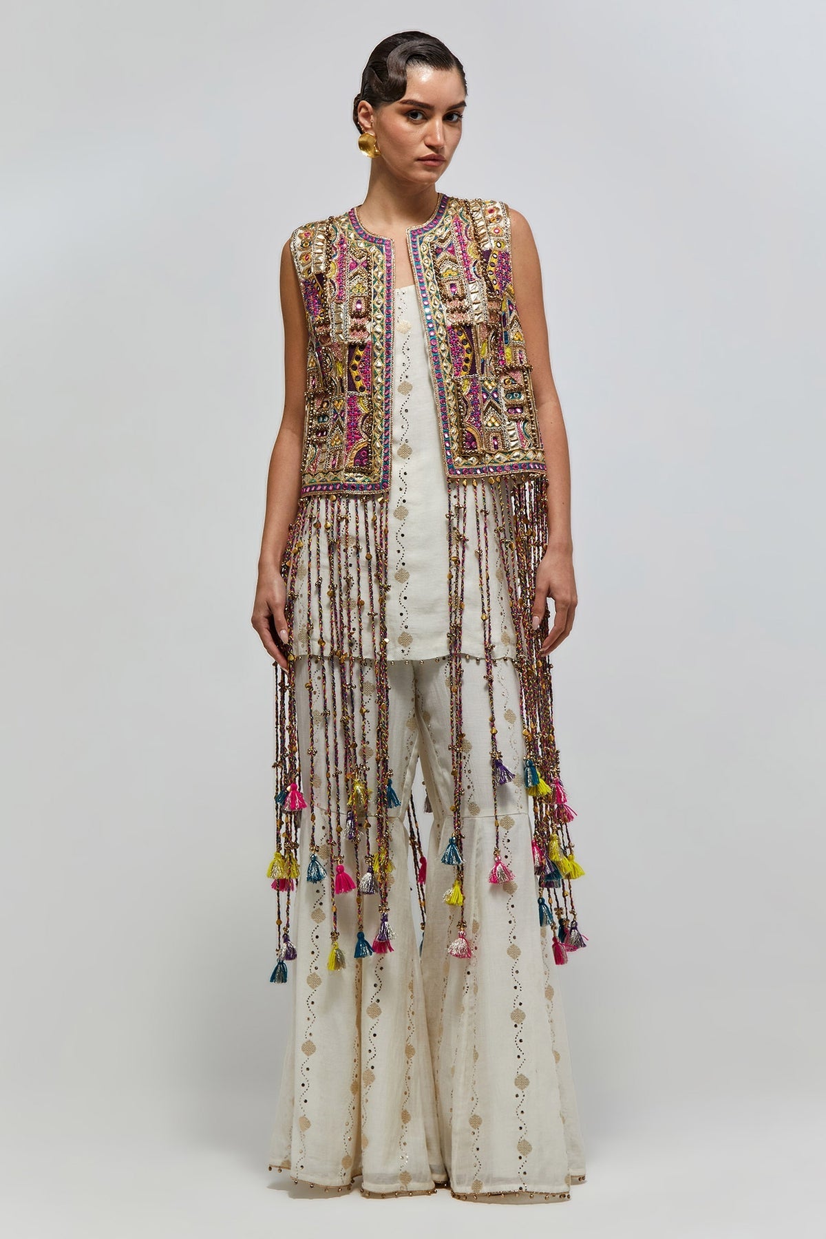 Kashish Off-White Georgette Embroidered Jacket With Short Kurta And Sharara