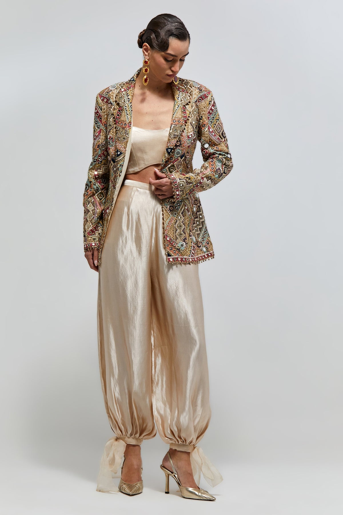 Zeenat Champagne Georgette Embroidered Backless Jacket With Bustier And Balloon Pant