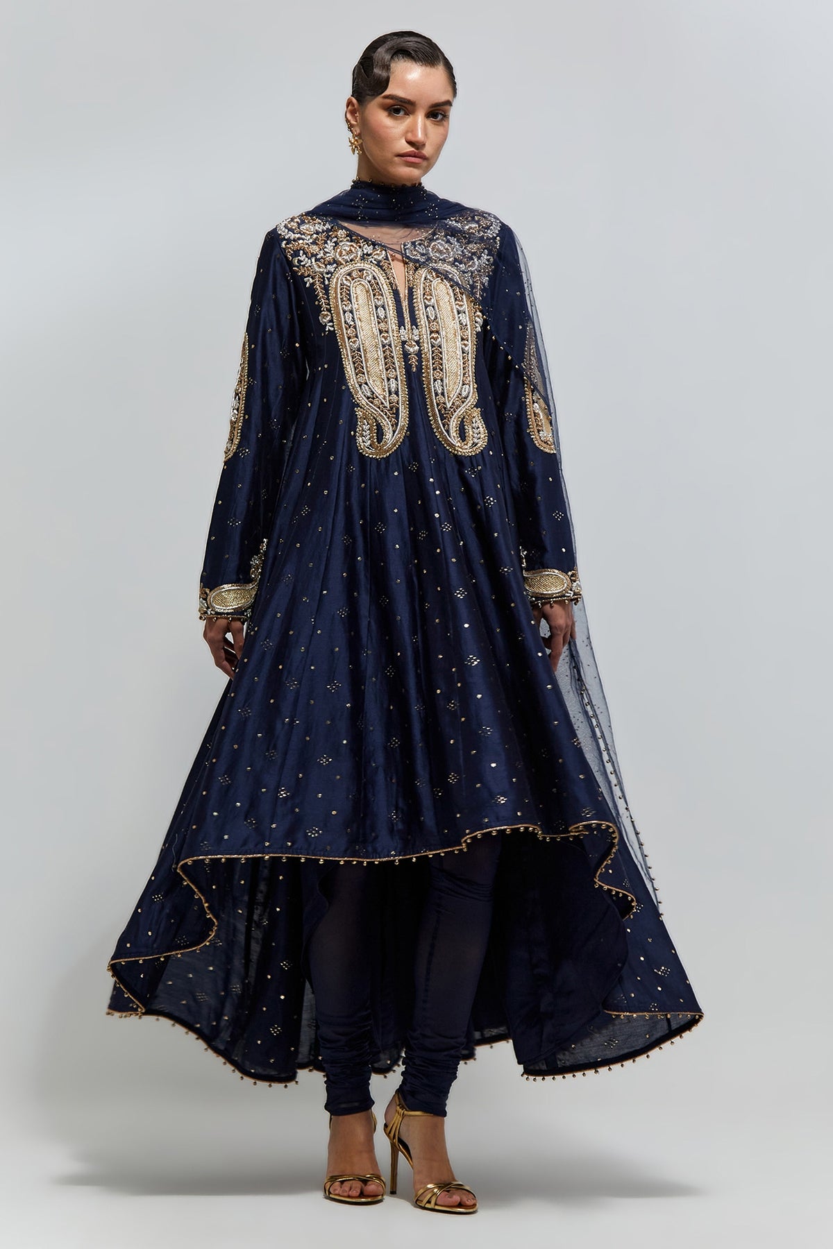 Zareen Navy Blue Mukaish Silkmul Embroidered Anarkali With Churidar And Mukaish Net Dupatta
