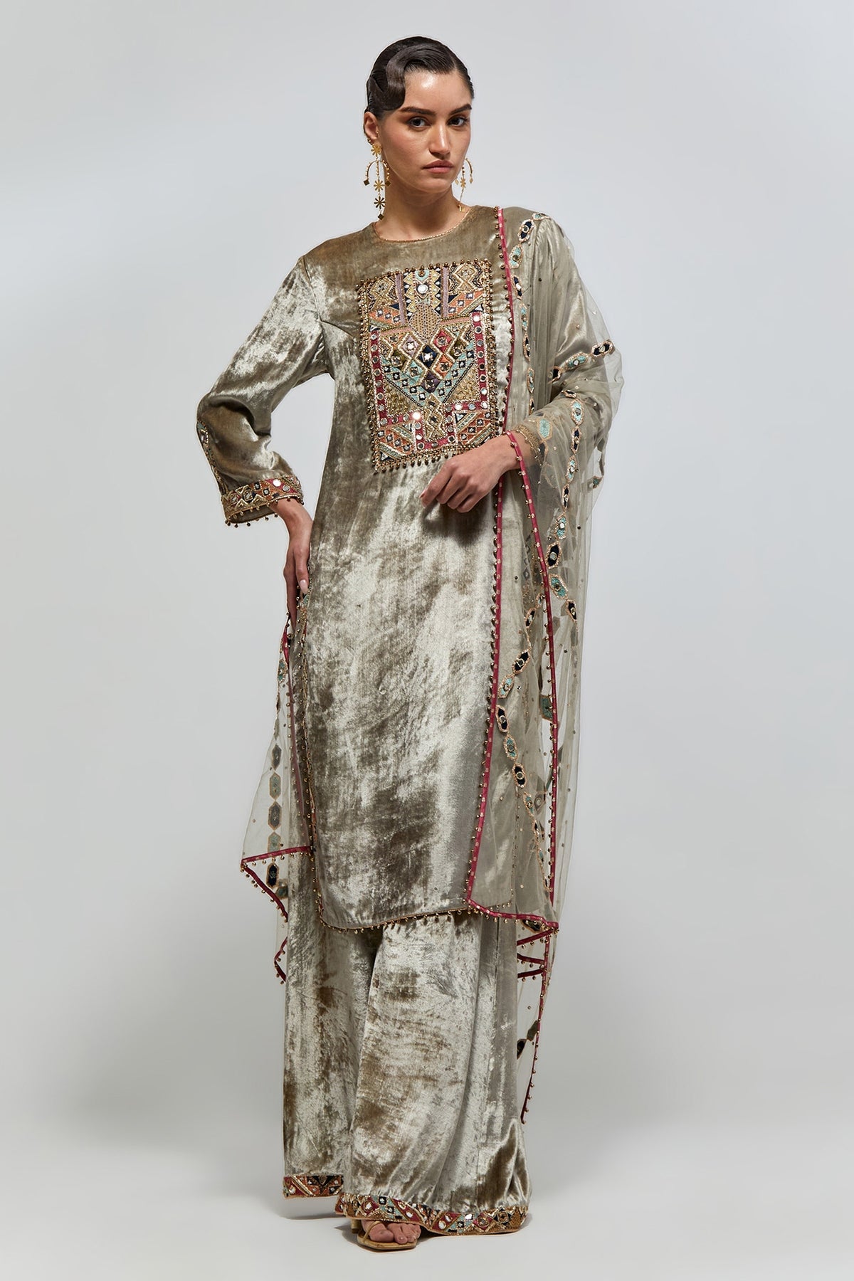 Amira Grey Velvet Embroidered Yoke Kurta With Palazzo And Mukaish Net Dupatta