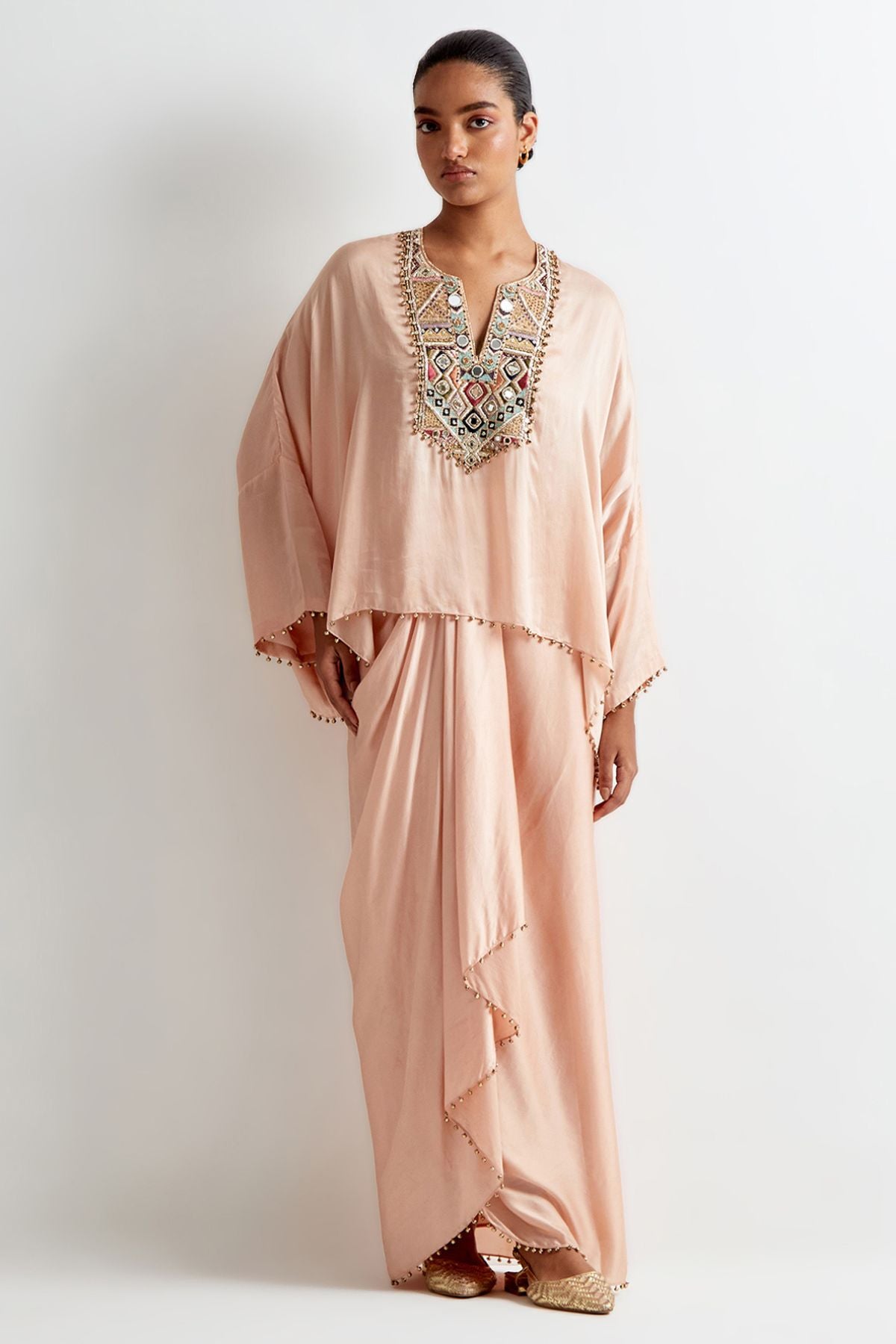 Blush Pink Satin Embroidered Yoke Kaftan Top And Lungi Skirt