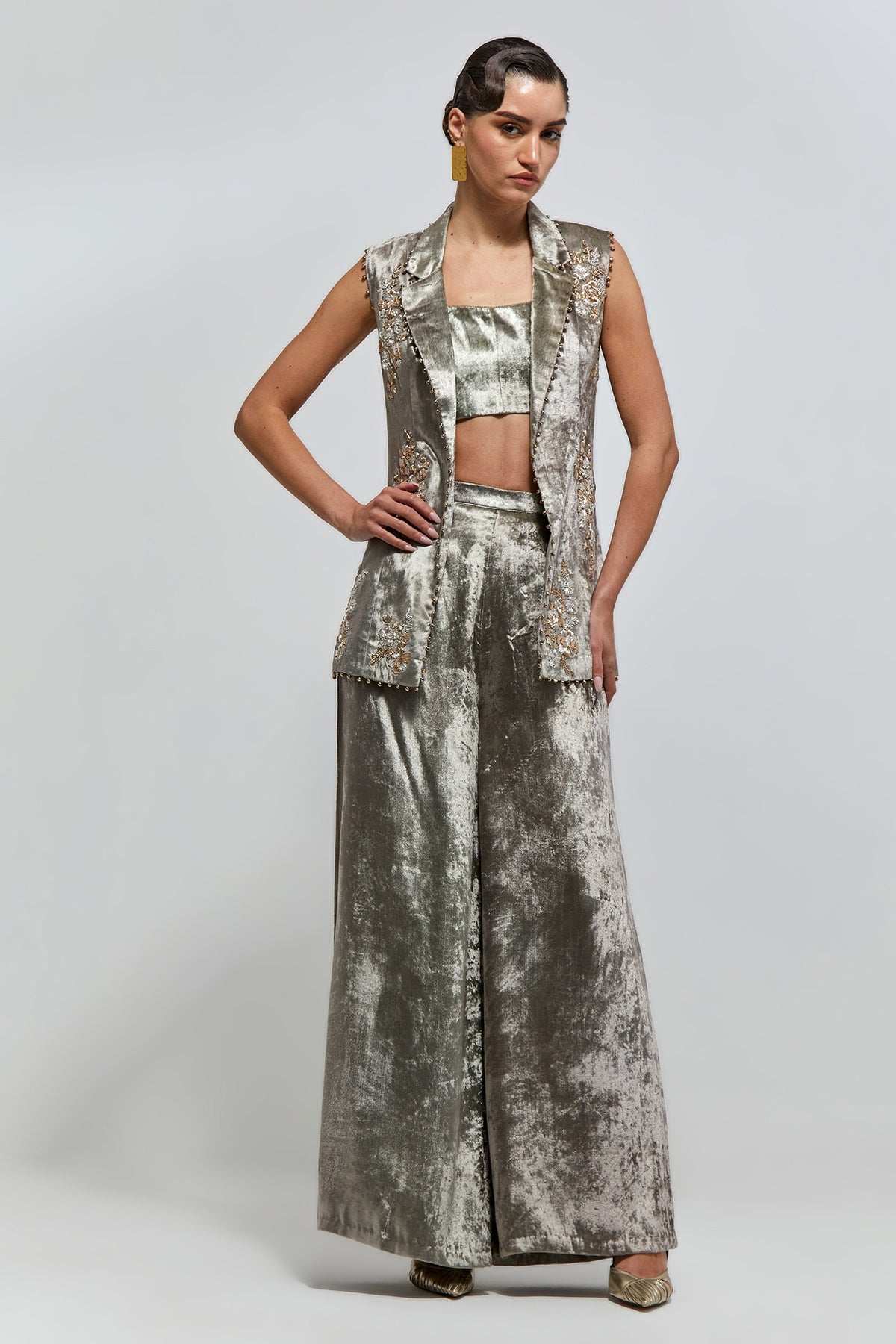 Mehra Grey Velvet Embroidered Backless Jacket With Bustier And Palazzo