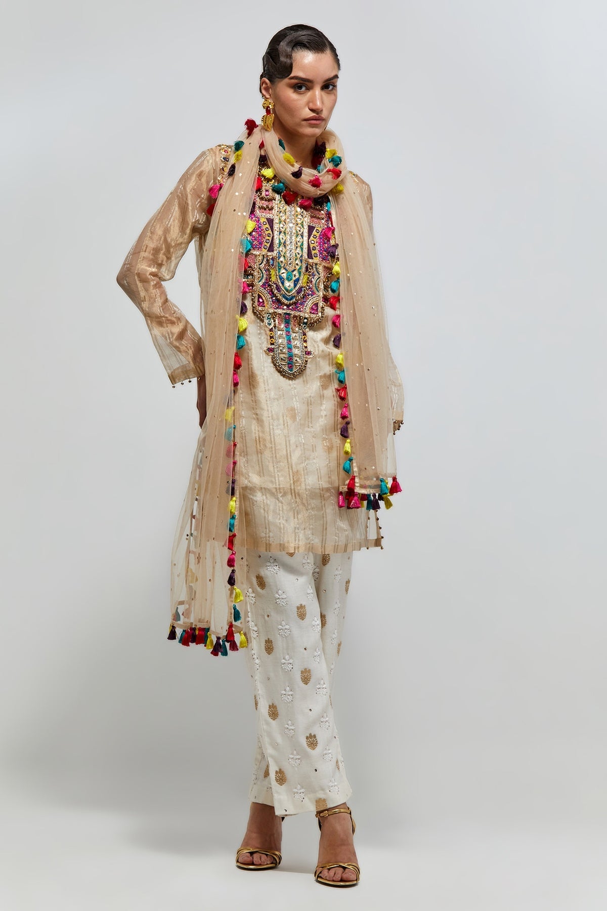 Zarif Gold Stripe Tissue Embroidered Yoke Kurta With Off-White Bustier With Palazzo And Mukaish Net Dupatta