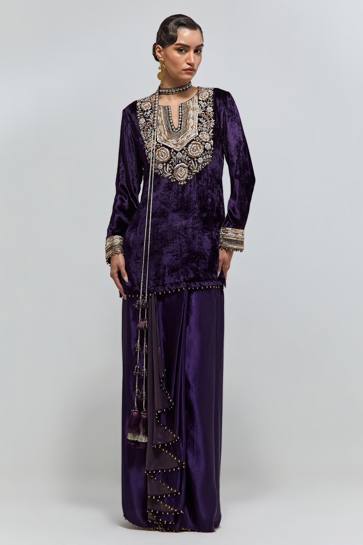 Zehra Purple Velvet Embroidered Yoke And Sleeves Kurta With Dhoti Skirt And Belt