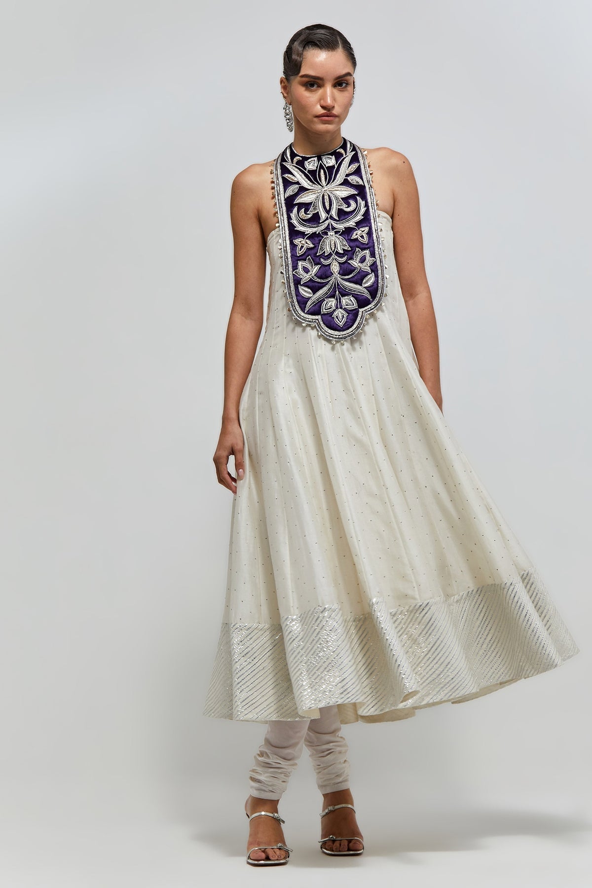 Itra Purple Embroidered Quilted Detachable Necklace With Off-White Anarkali And Soft Net Churidar