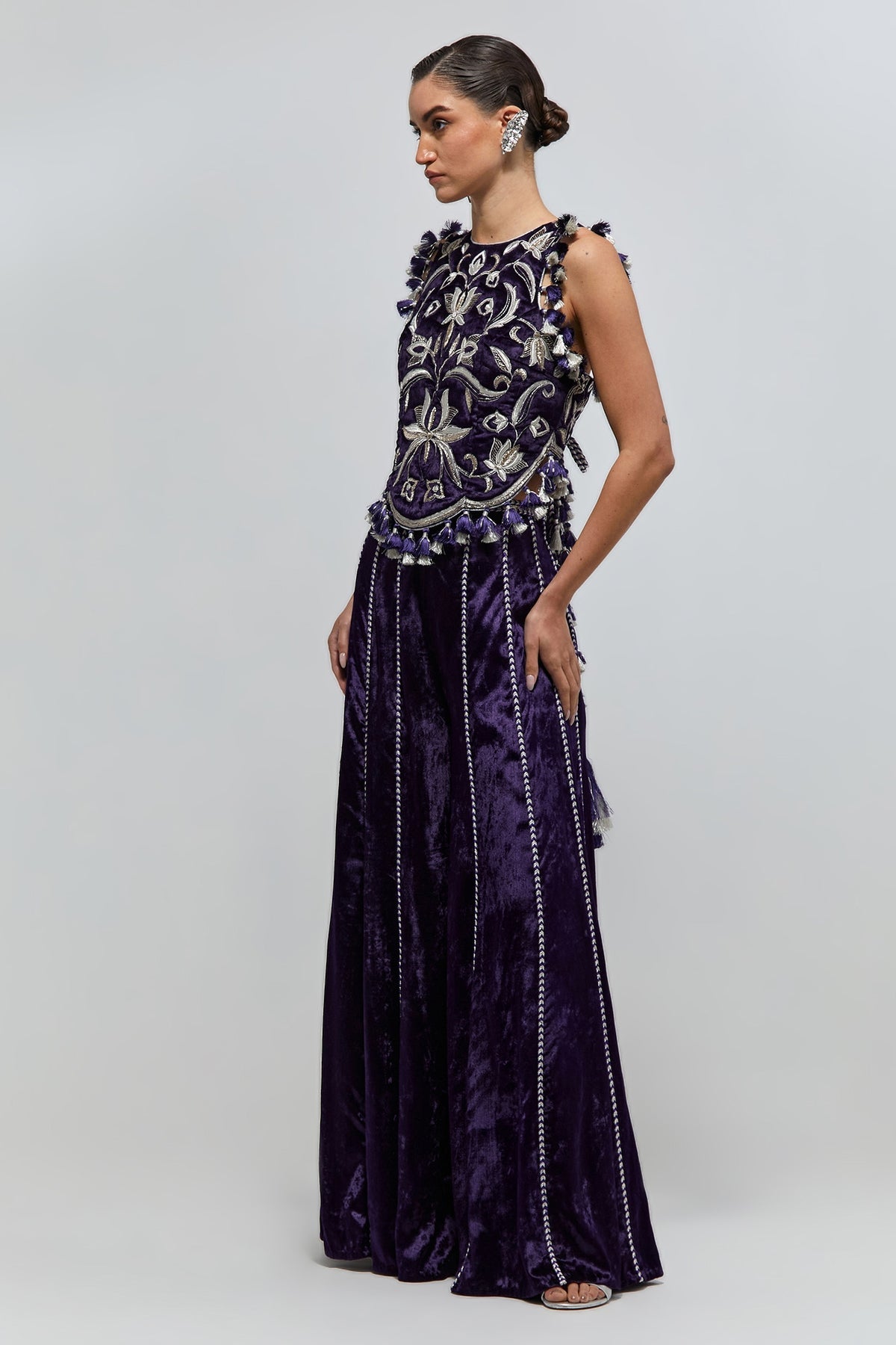 Zayn Purple Velvet Quilted Half Back Covered Embroidered Choli And Sharara