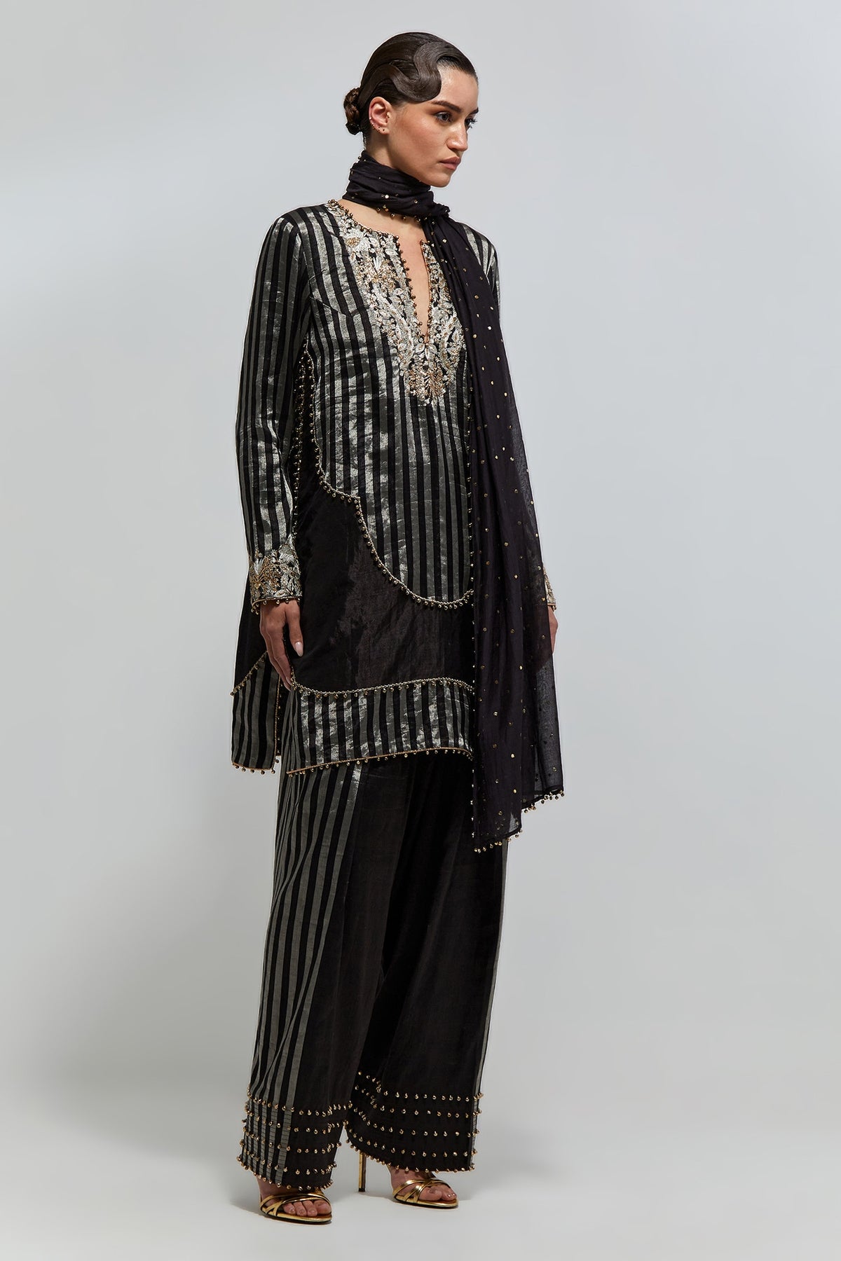 Nysa Black Stripe Tissue Embroidered Kurta With Farshi Salwar And Mukaish Silkmul Dupatta