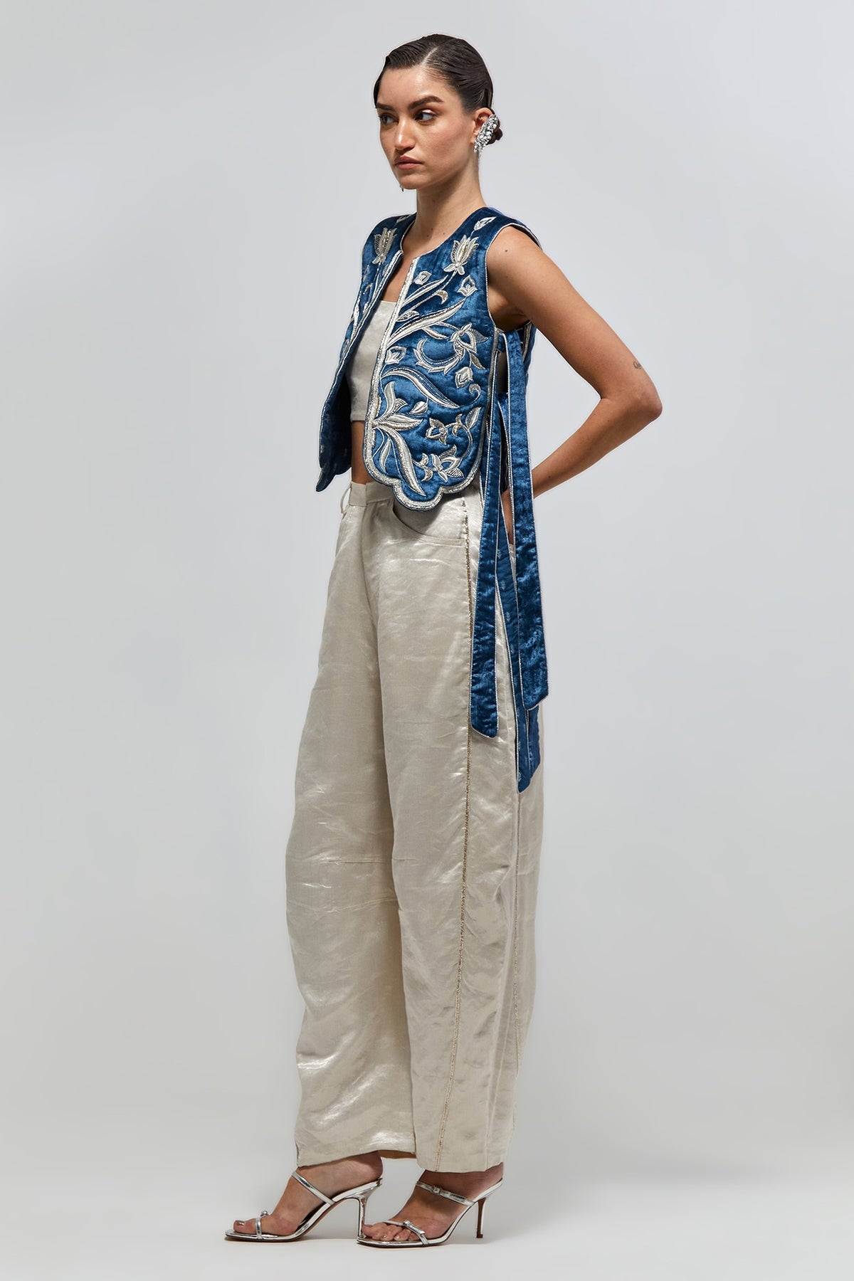 Nazm Navy Blue Velvet Quilted Embroidered Jacket With Organza Bustier And Bomber Pants