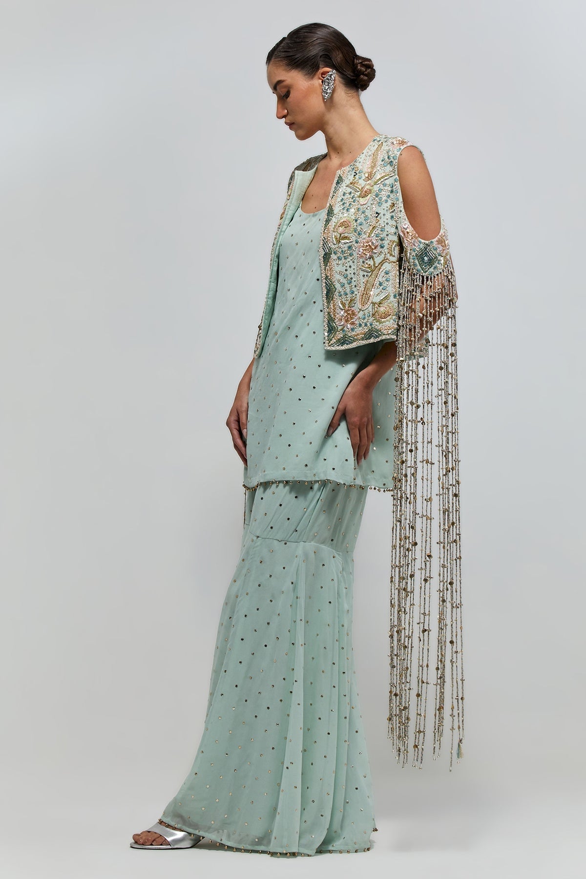 Manzar Powder Blue Georgette Embroidered Jacket With Short Kurta And Sharara