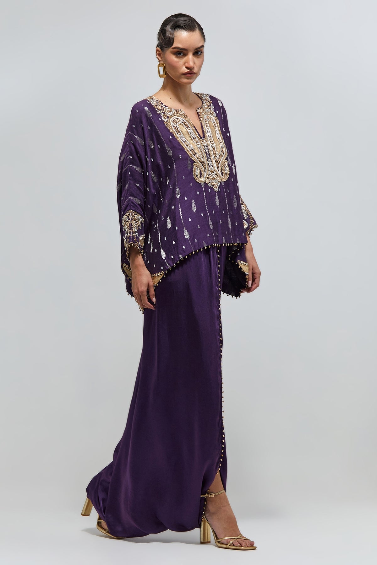 Ayla Purple Chiniya Silk Embroidered Top And Dhoti Skirt