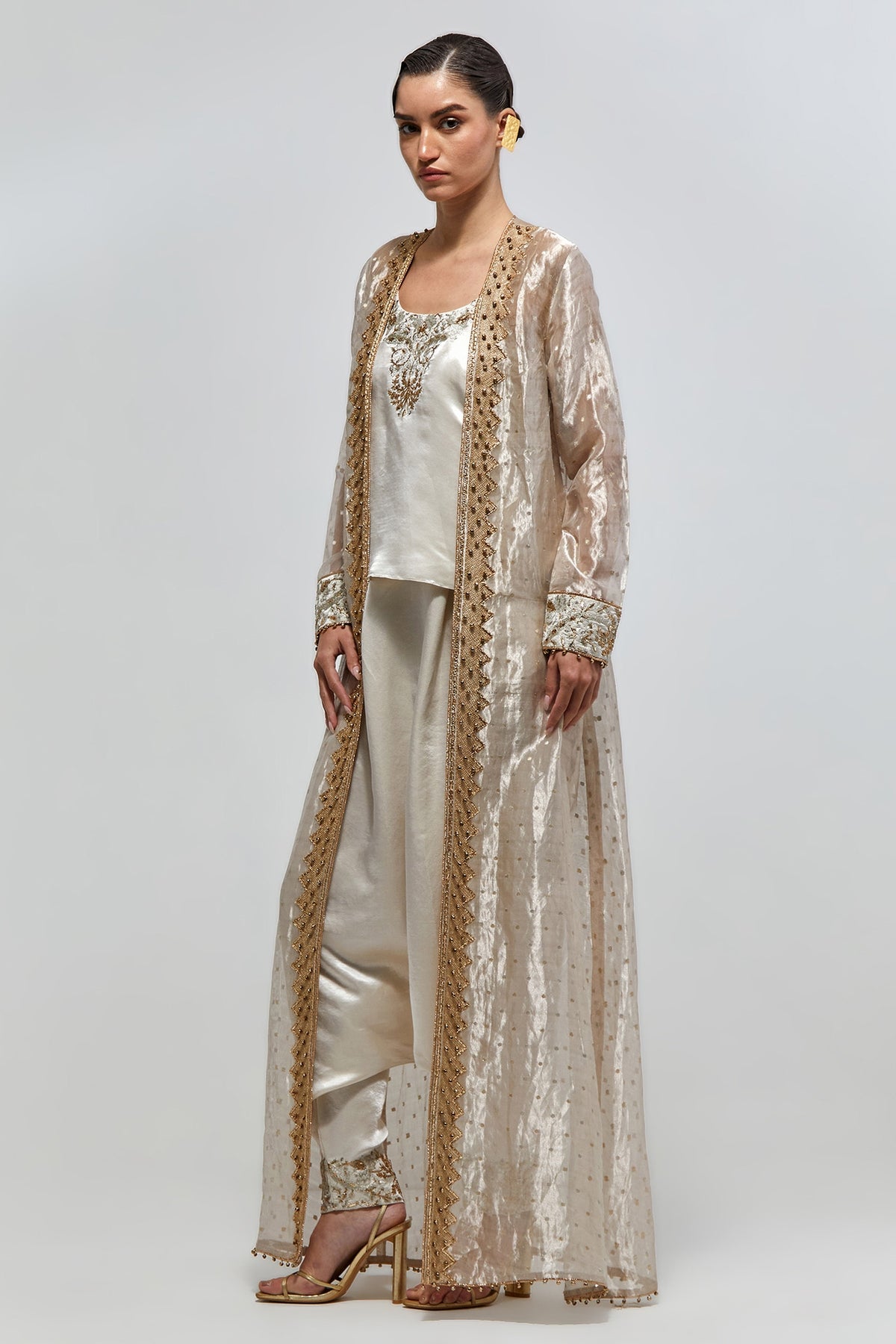 Haya Silver Butti Organza Embroidered Cape With Top And Low Crotch Pants