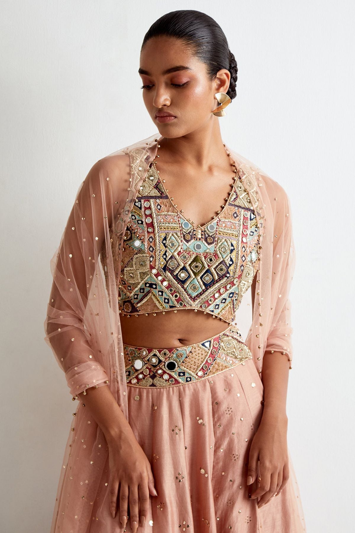 Mahnaz Peachy Pink Georgette Embroidered Choli With Lehenga And Mukaish Net Dupatta