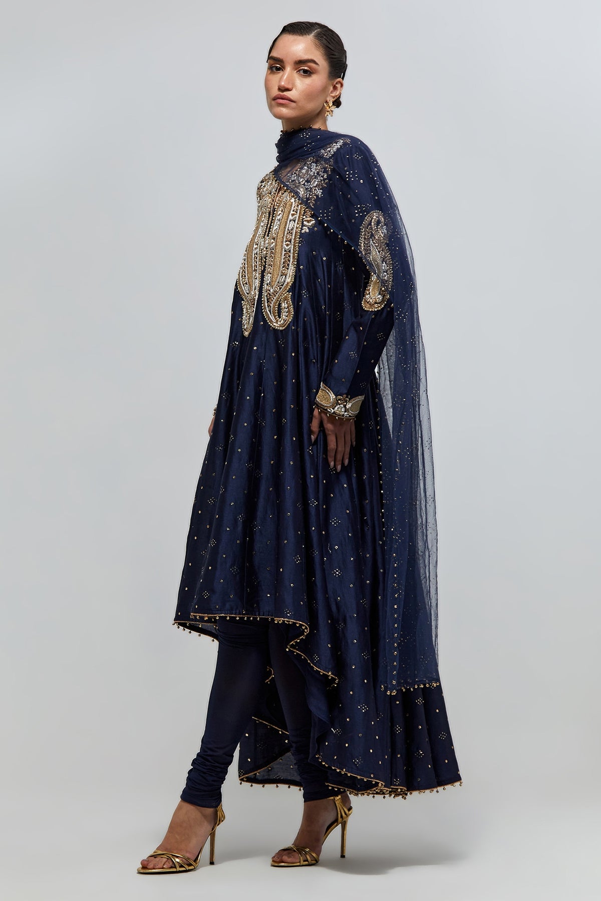 Zareen Navy Blue Mukaish Silkmul Embroidered Anarkali With Churidar And Mukaish Net Dupatta