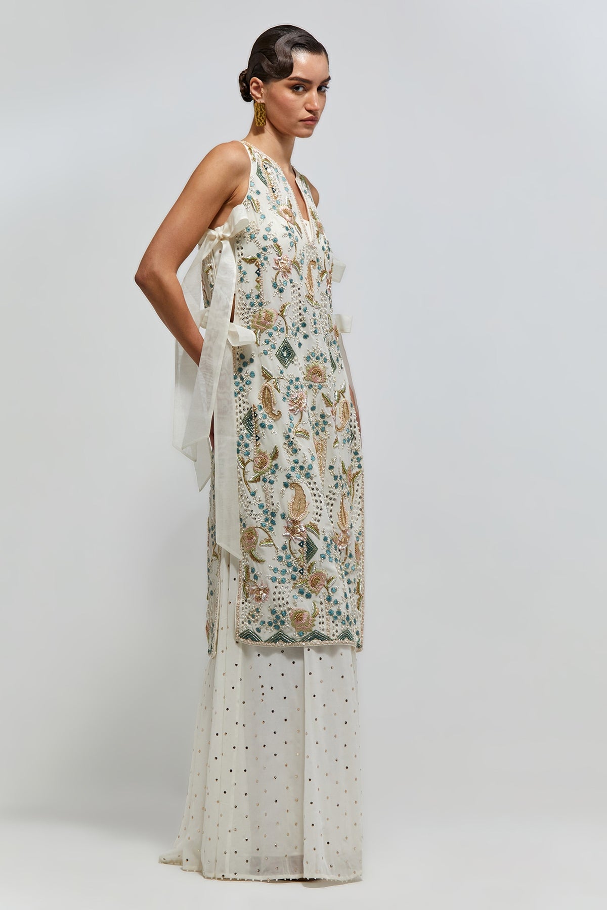 Azra Off-White Georgette Embroidered Side Tie Kurta With Bustier And Sharara