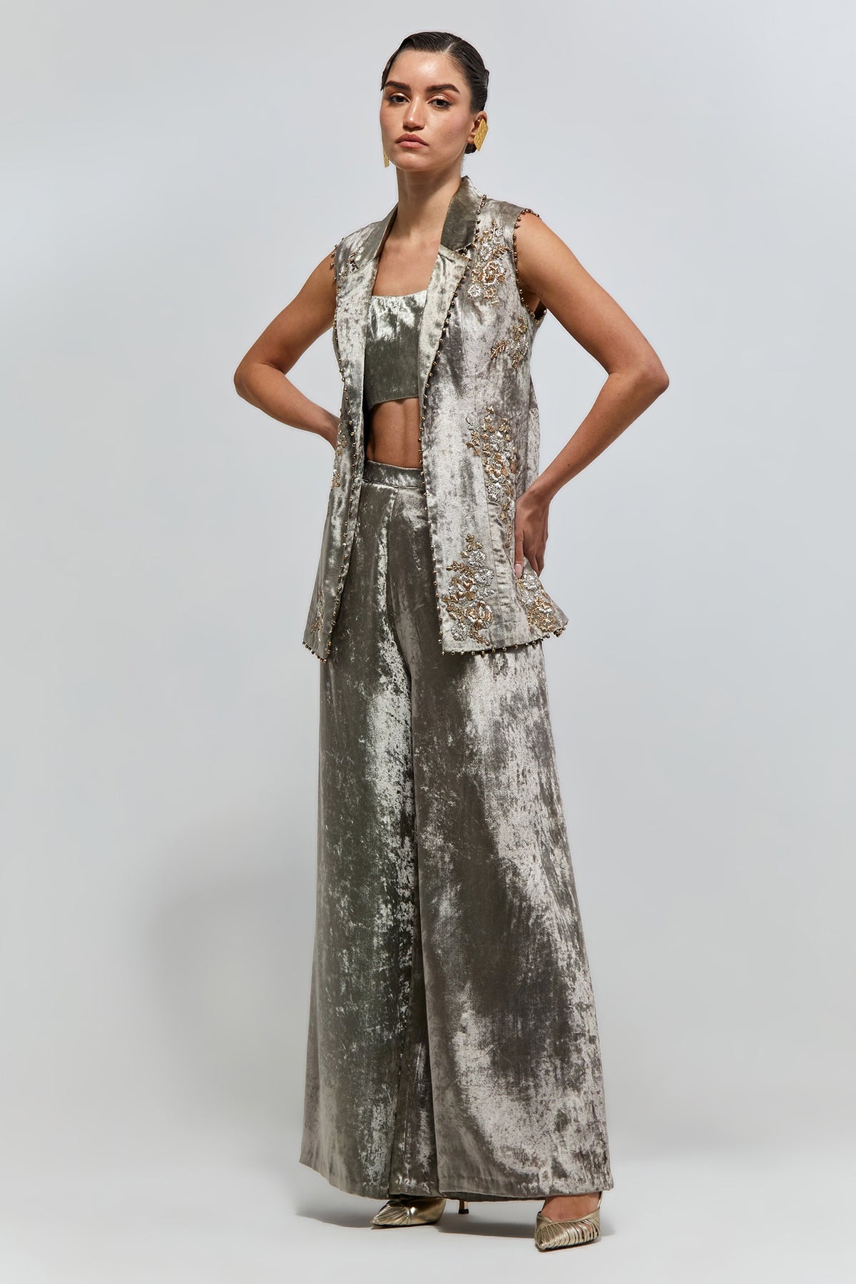 Mehra Grey Velvet Embroidered Backless Jacket With Bustier And Palazzo