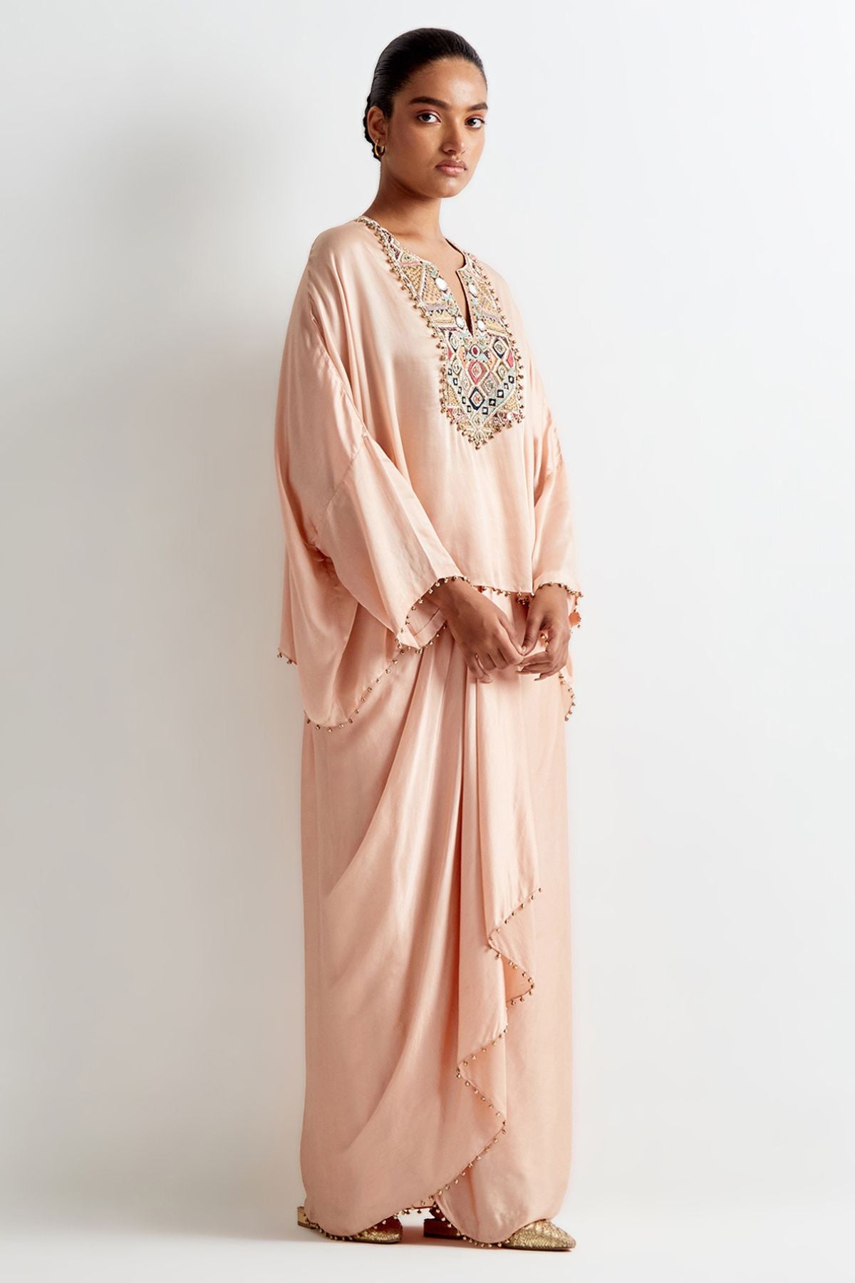 Blush Pink Satin Embroidered Yoke Kaftan Top And Lungi Skirt