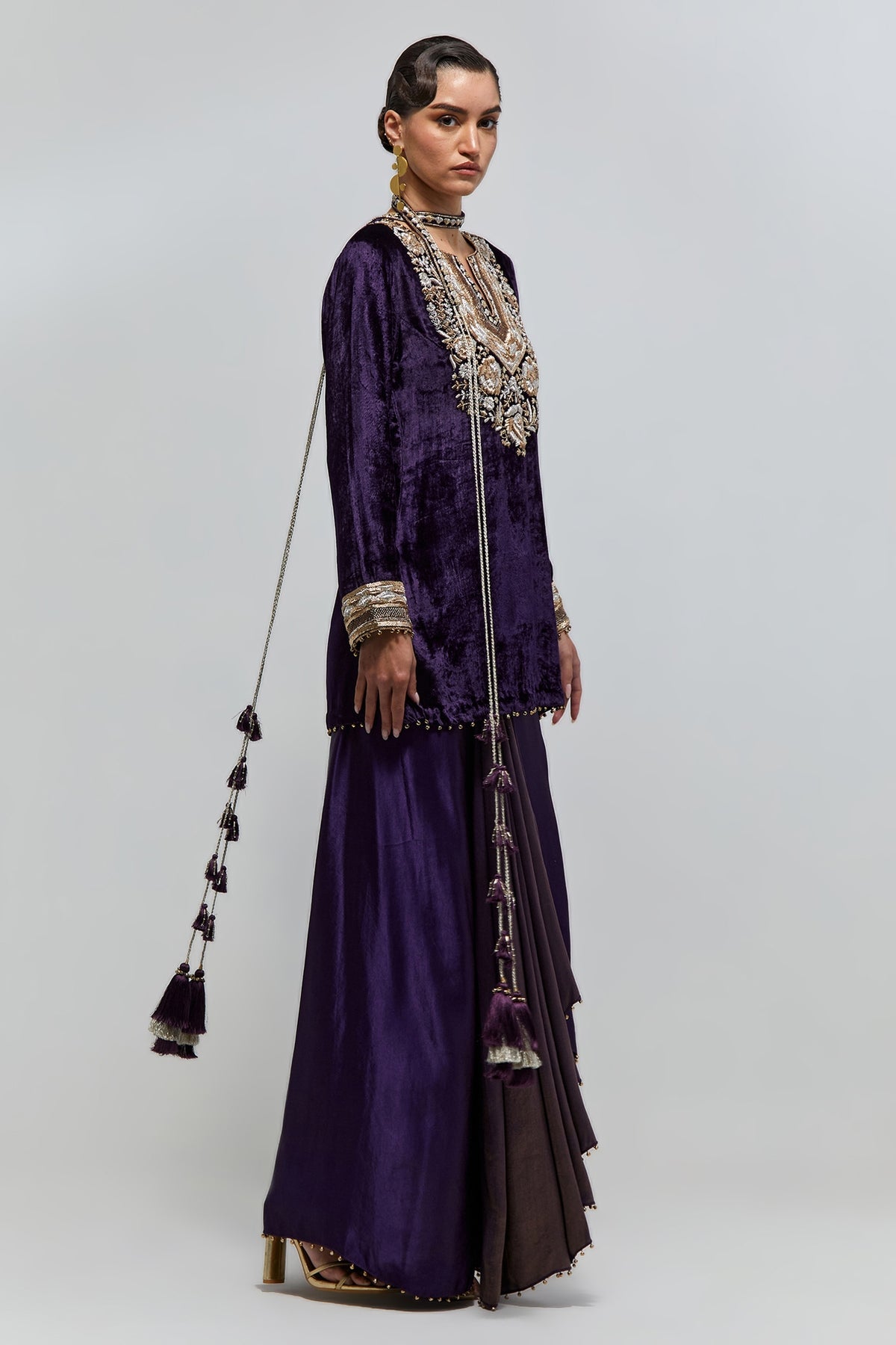 Zehra Purple Velvet Embroidered Yoke And Sleeves Kurta With Dhoti Skirt And Belt