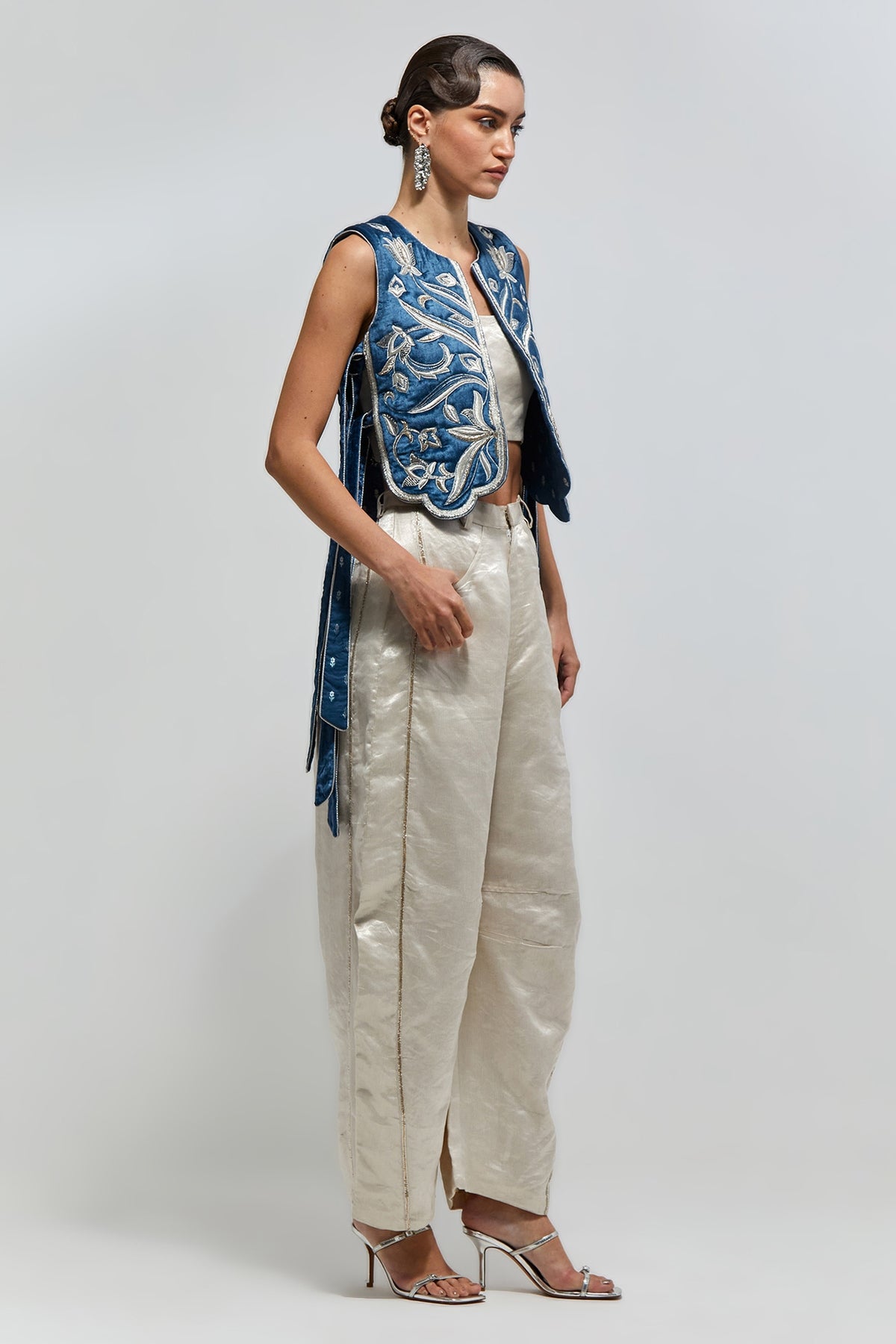 Nazm Navy Blue Velvet Quilted Embroidered Jacket With Organza Bustier And Bomber Pants