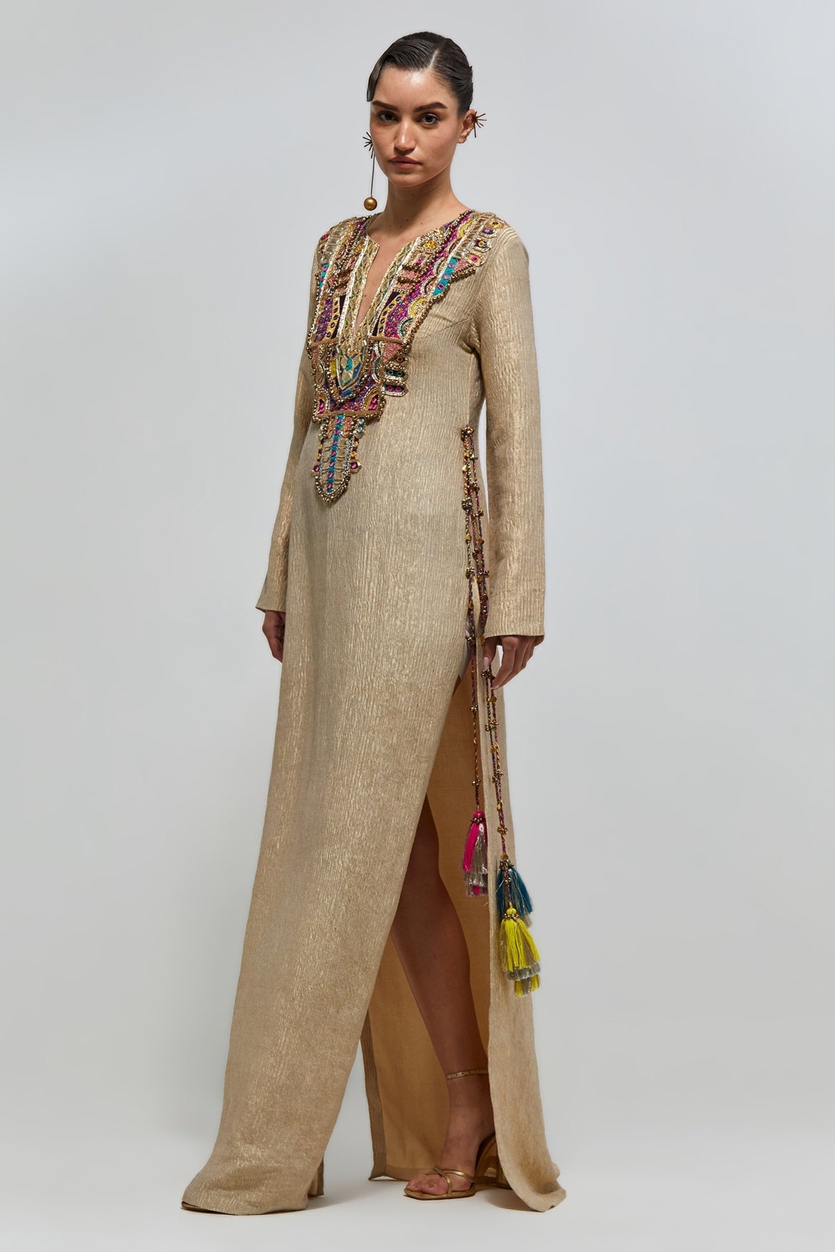 Nouriya Gold Crushed Tissue Embroidered Yoke Beyza Kaftan
