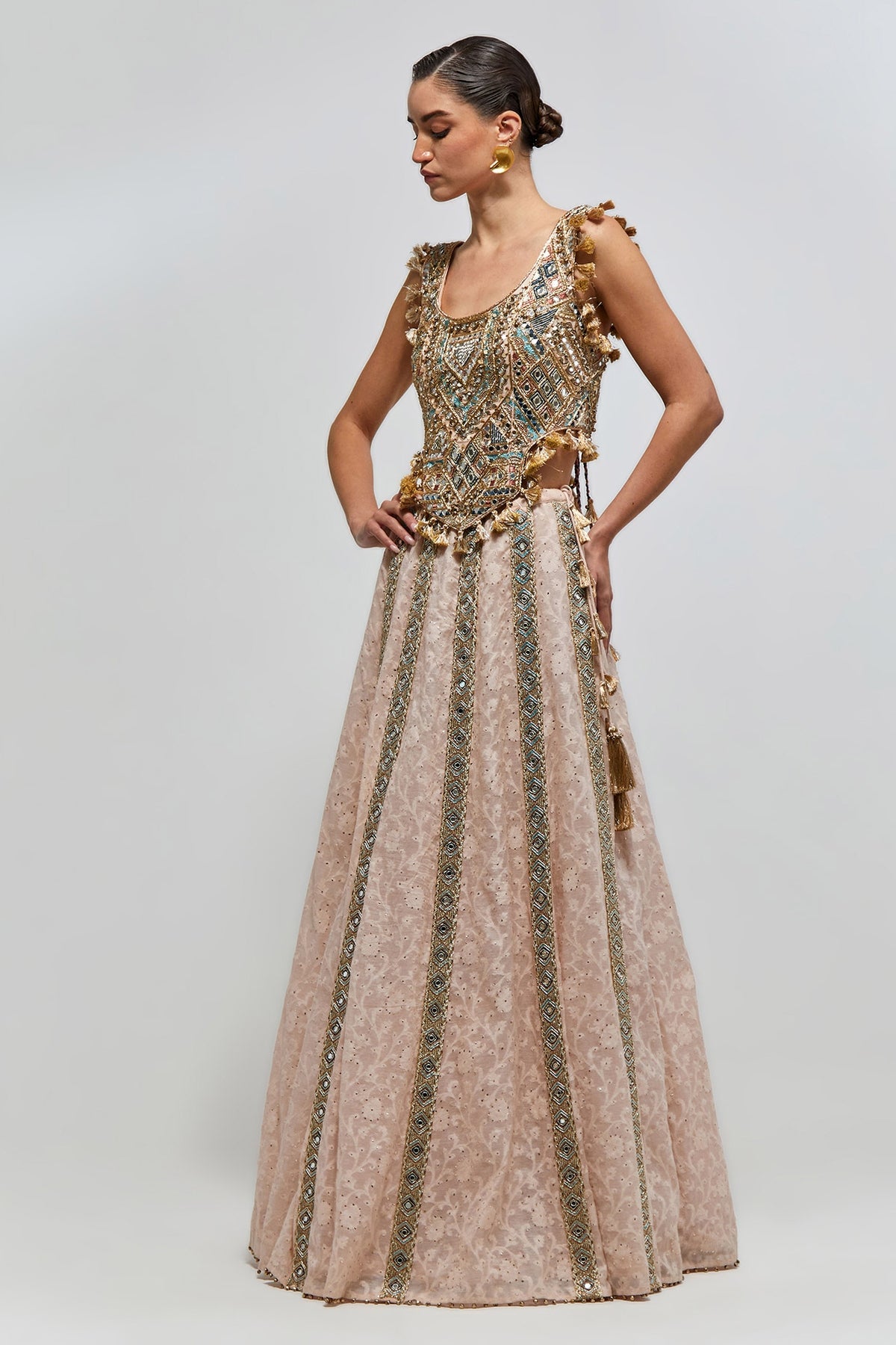 Mehrsa Blush Pink Georgette Half Back Covered Embroidered Choli And Katarwa Lehenga