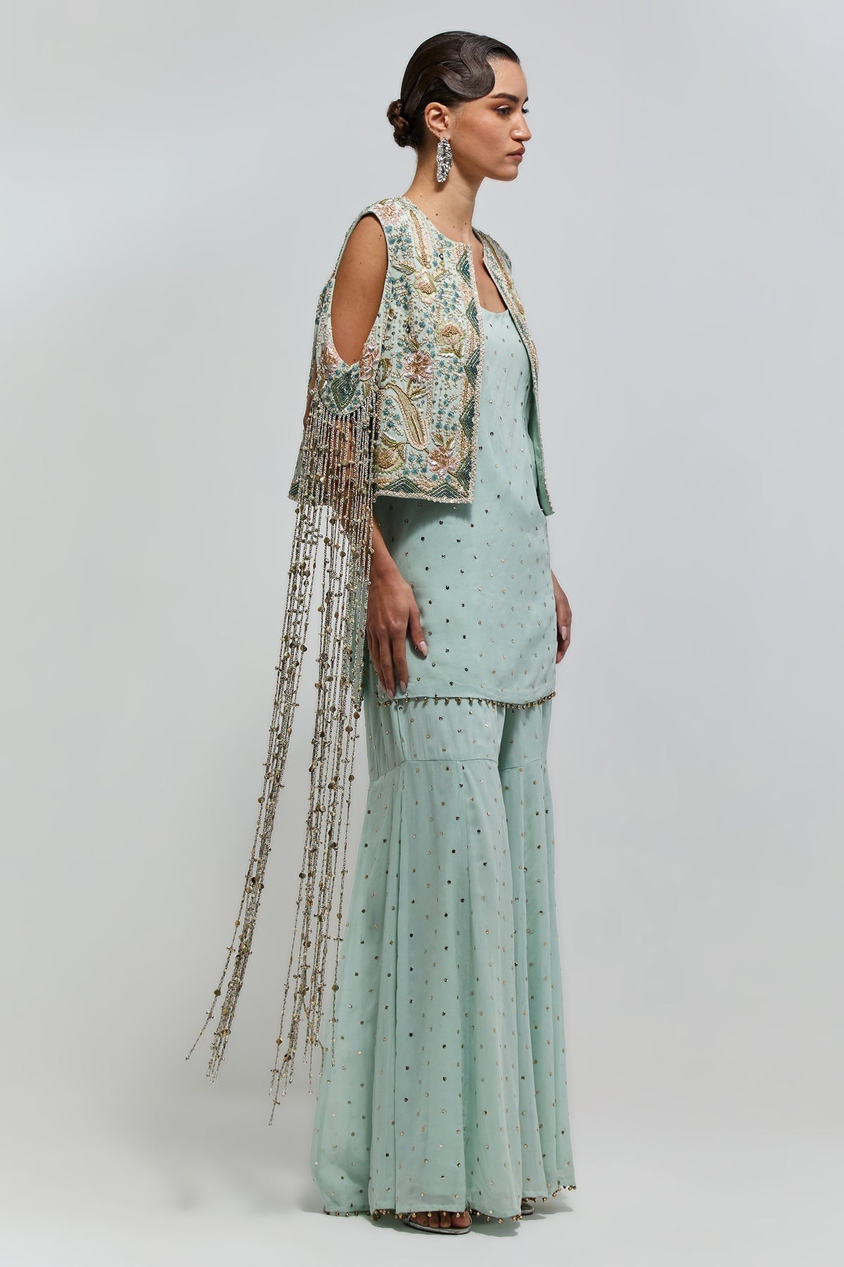 Manzar Powder Blue Georgette Embroidered Jacket With Short Kurta And Sharara