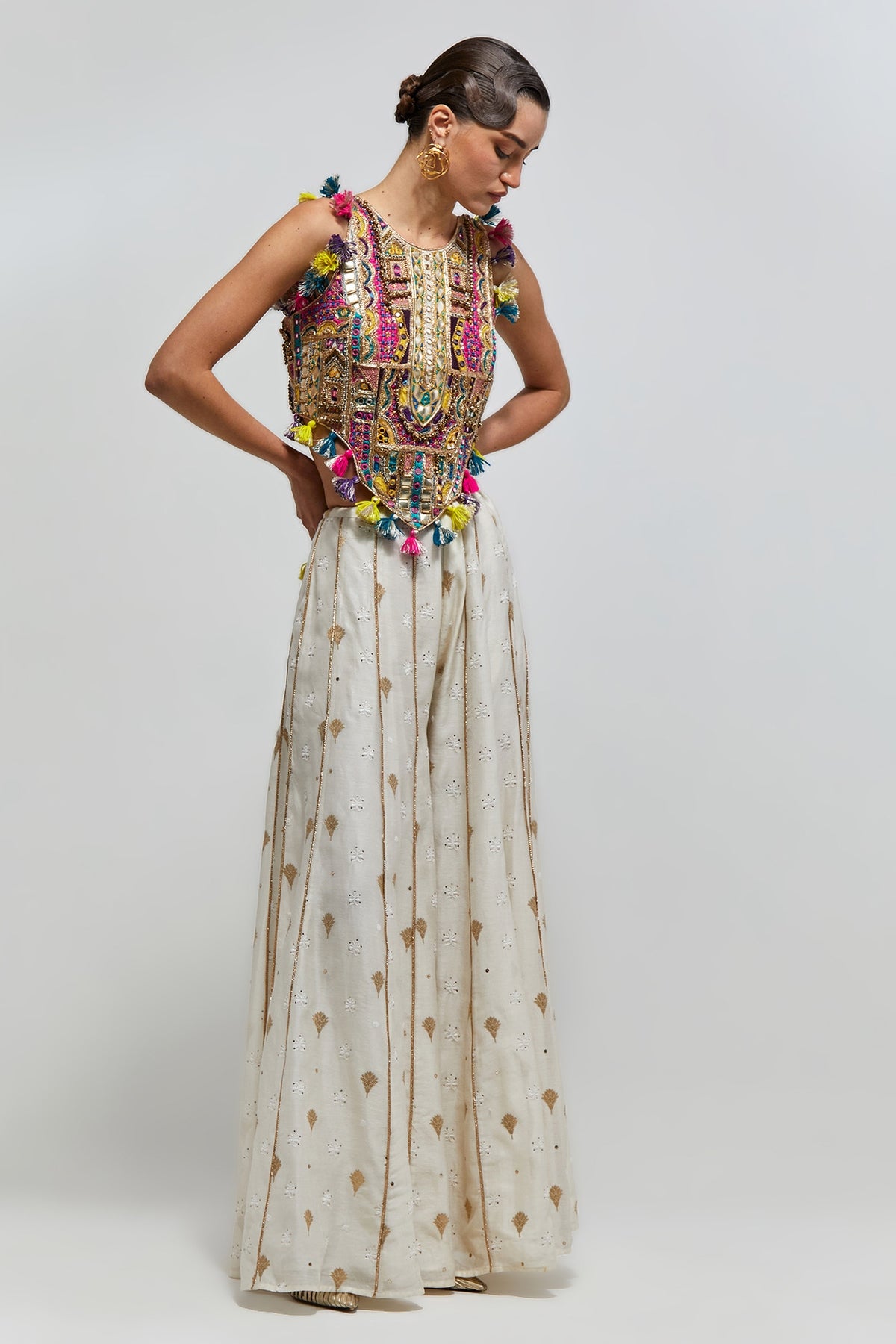 Fez Off-White Georgette Embroidered Choli And Banarasi Silkmul Sharara