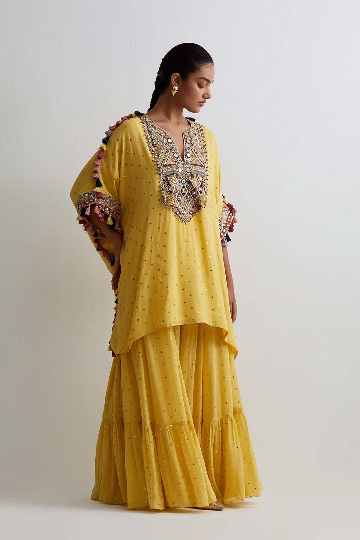 Yellow Embroidered Kaftan And Frill Sharara