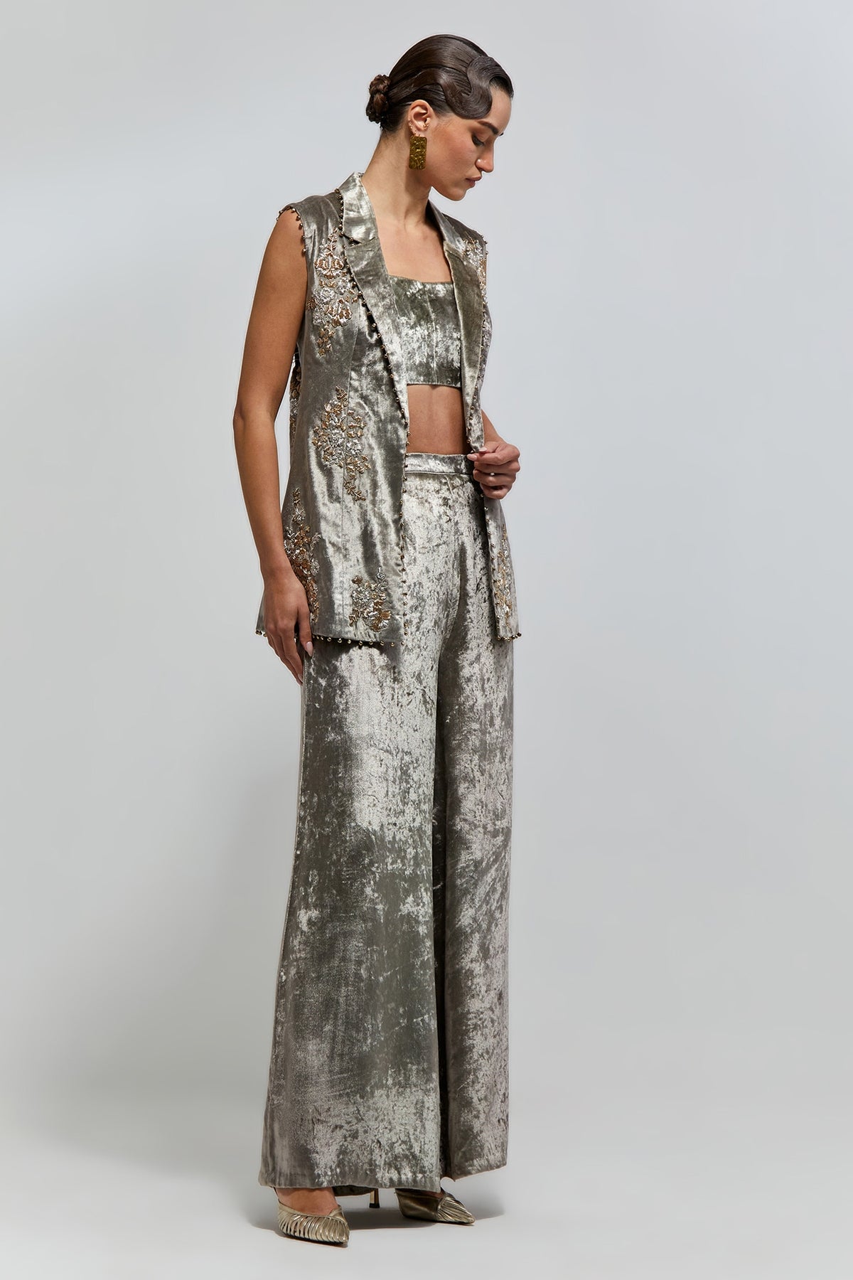 Mehra Grey Velvet Embroidered Backless Jacket With Bustier And Palazzo