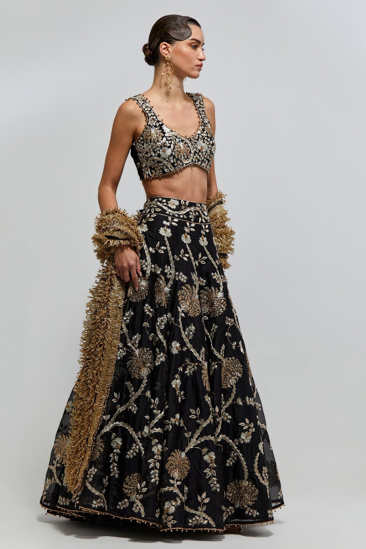 Saher Black Georgette Embroidered Tie Back Choli With Lehenga And Stone Net Laced Dupatta