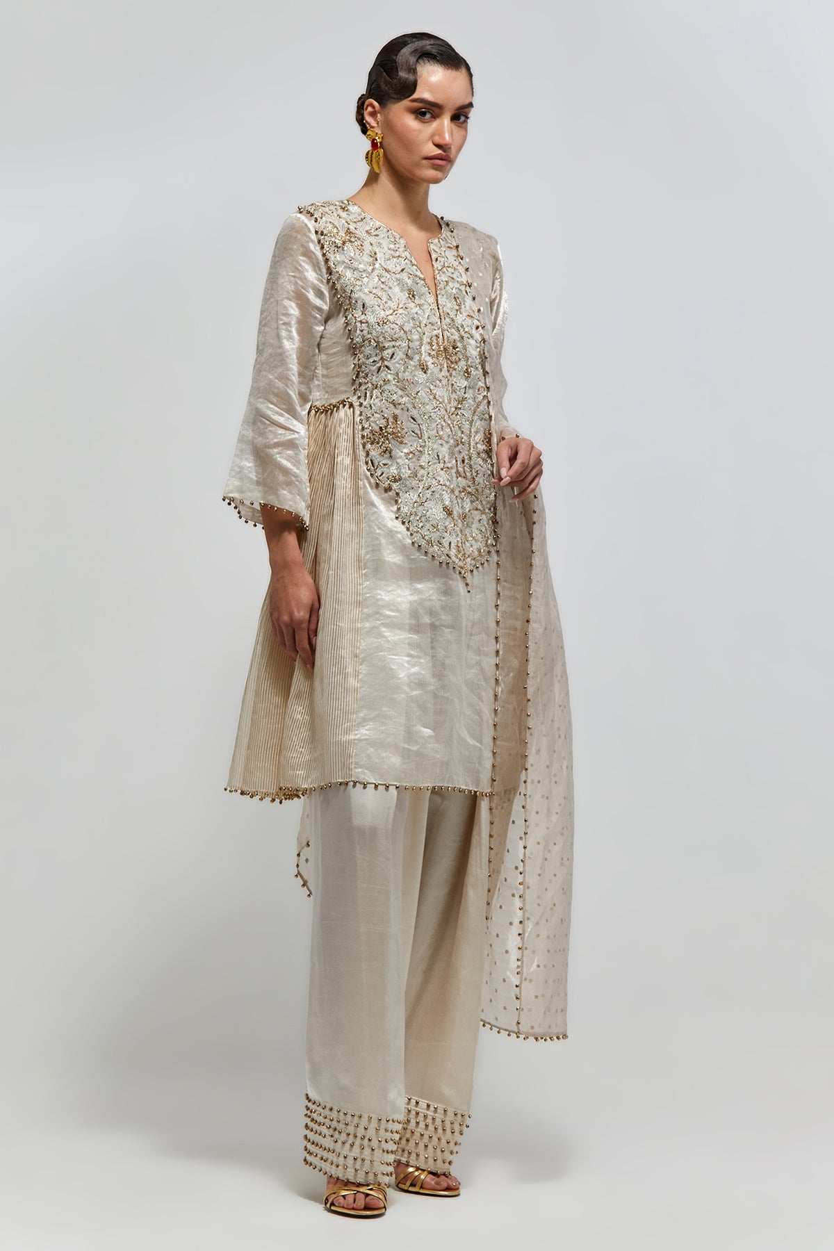 Rangrez Silver Gold Stripe Tissue Embroidered Yoke Kurta With Farshi Salwar And Organza Dupatta