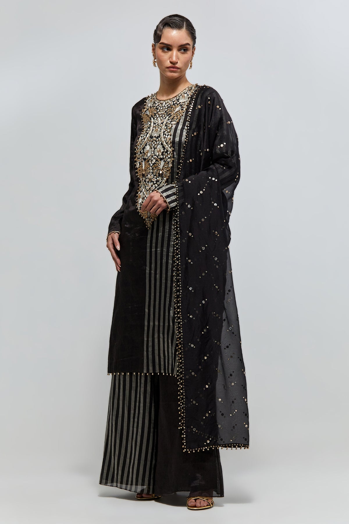 Sabil Black Stripe Tissue Embroidered Kurta With Palazzo And Mukaish Organza Dupatta