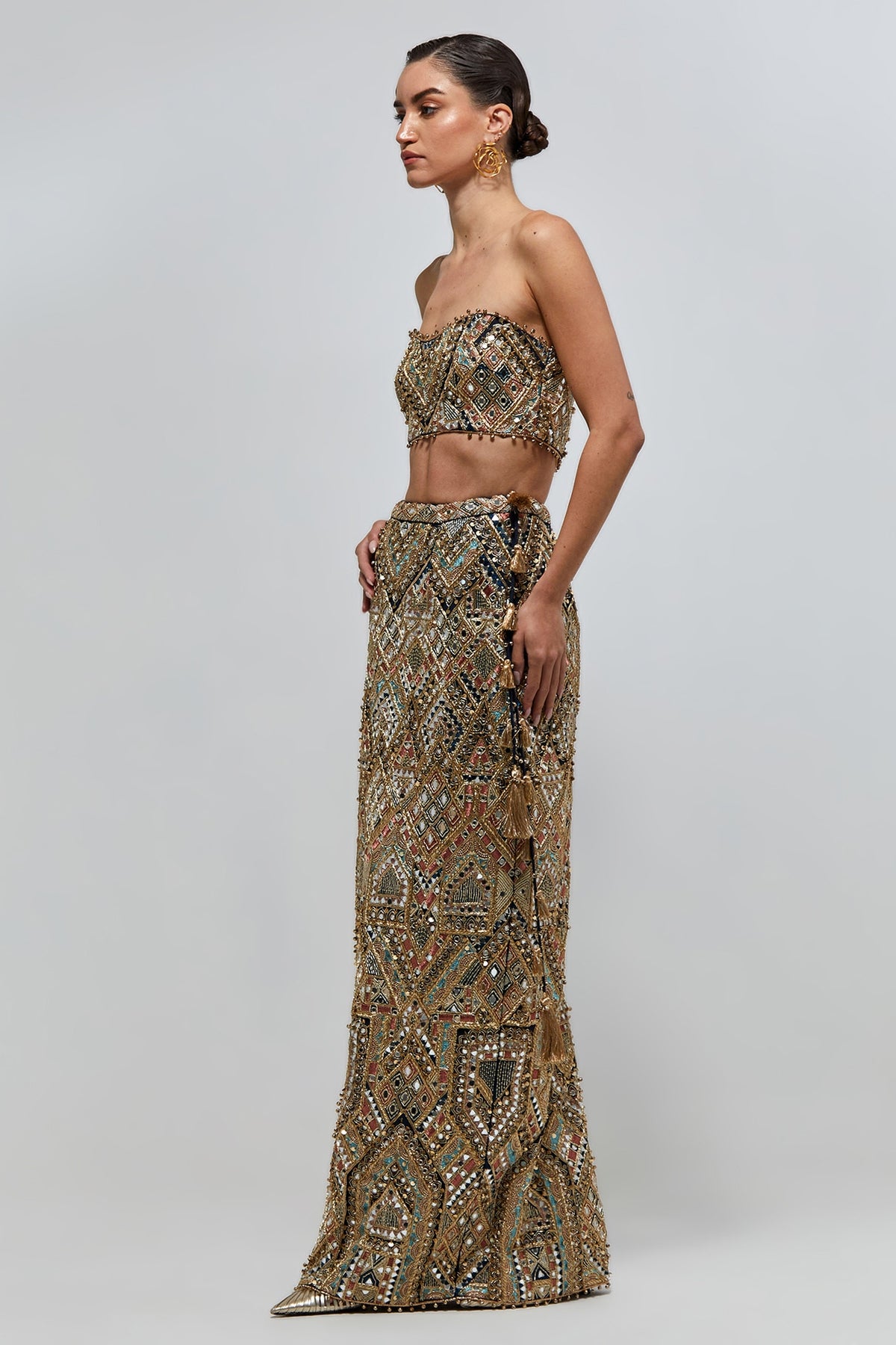 Shahira Navy Blue Georgette Embroidered Bustier And Straight Skirt