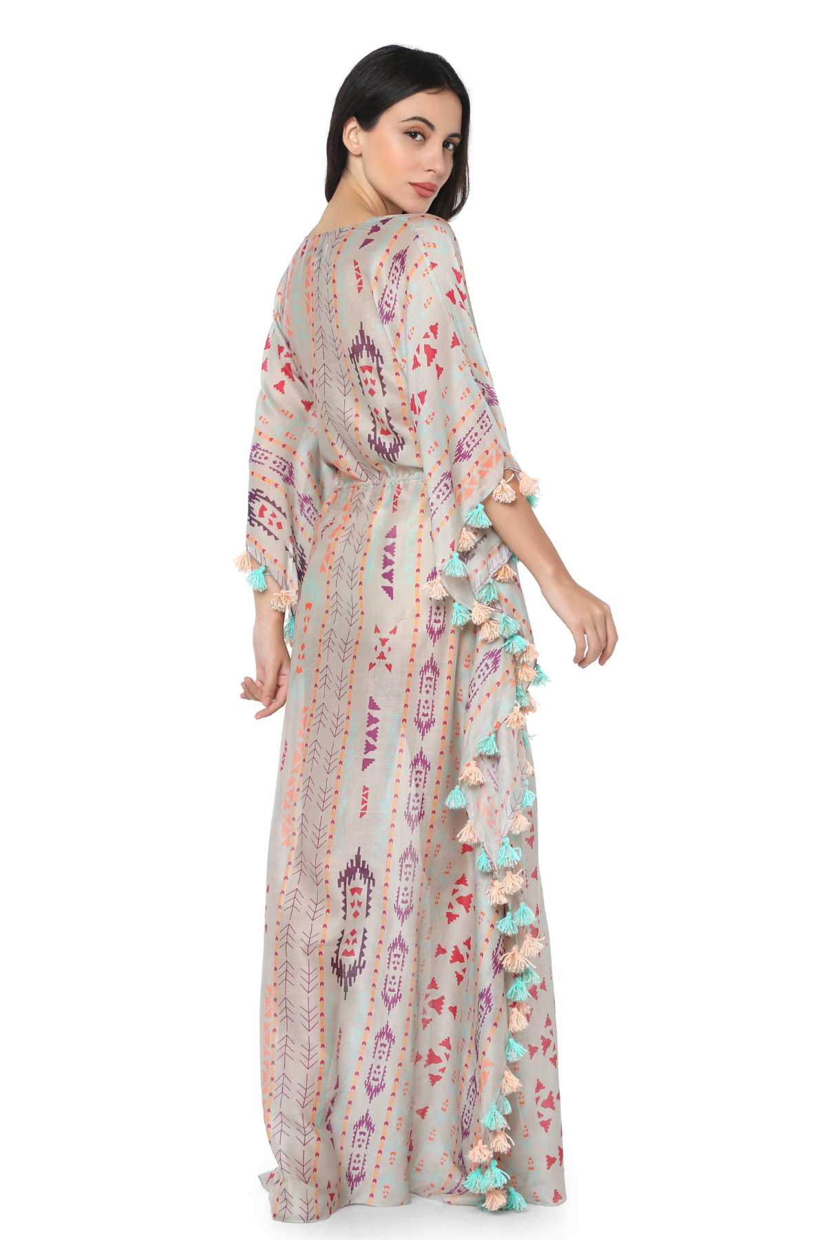 Grey Colour Printed Silkmul Kaftan