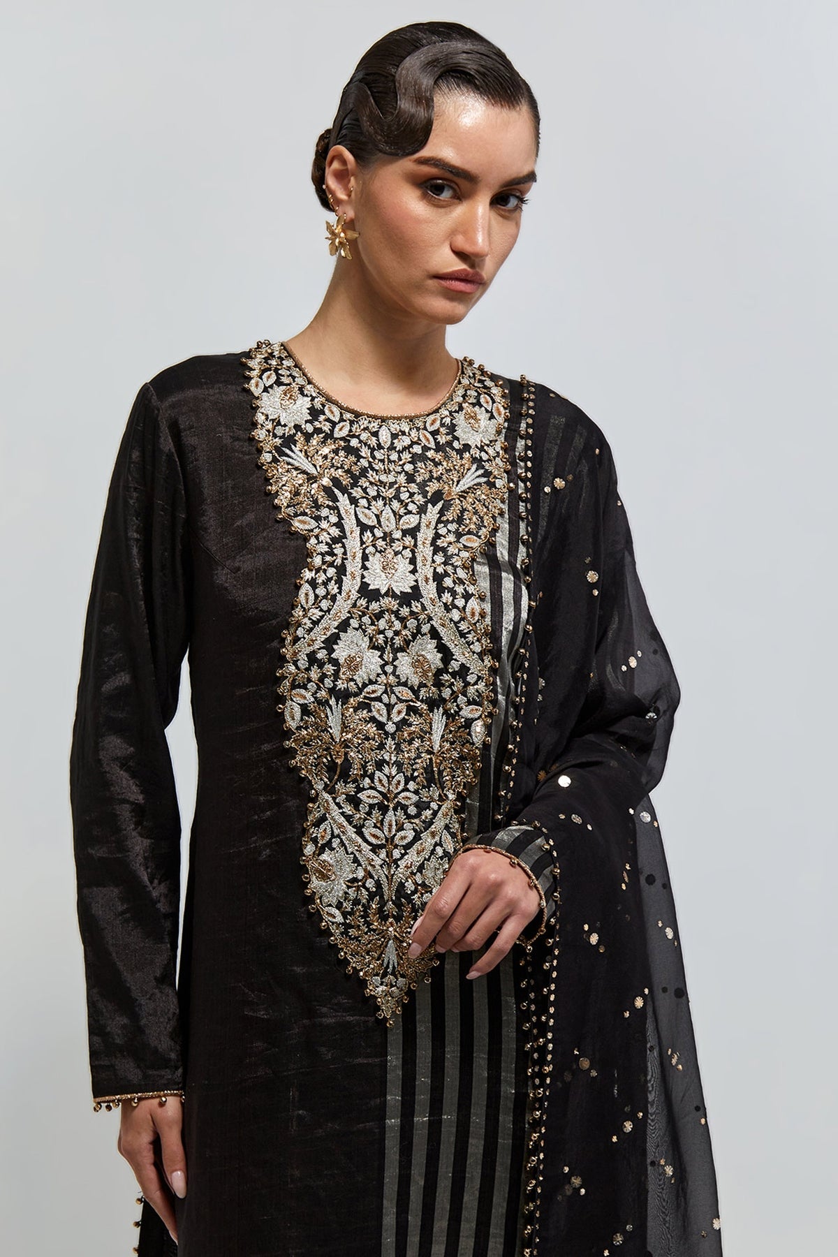 Sabil Black Stripe Tissue Embroidered Kurta With Palazzo And Mukaish Organza Dupatta