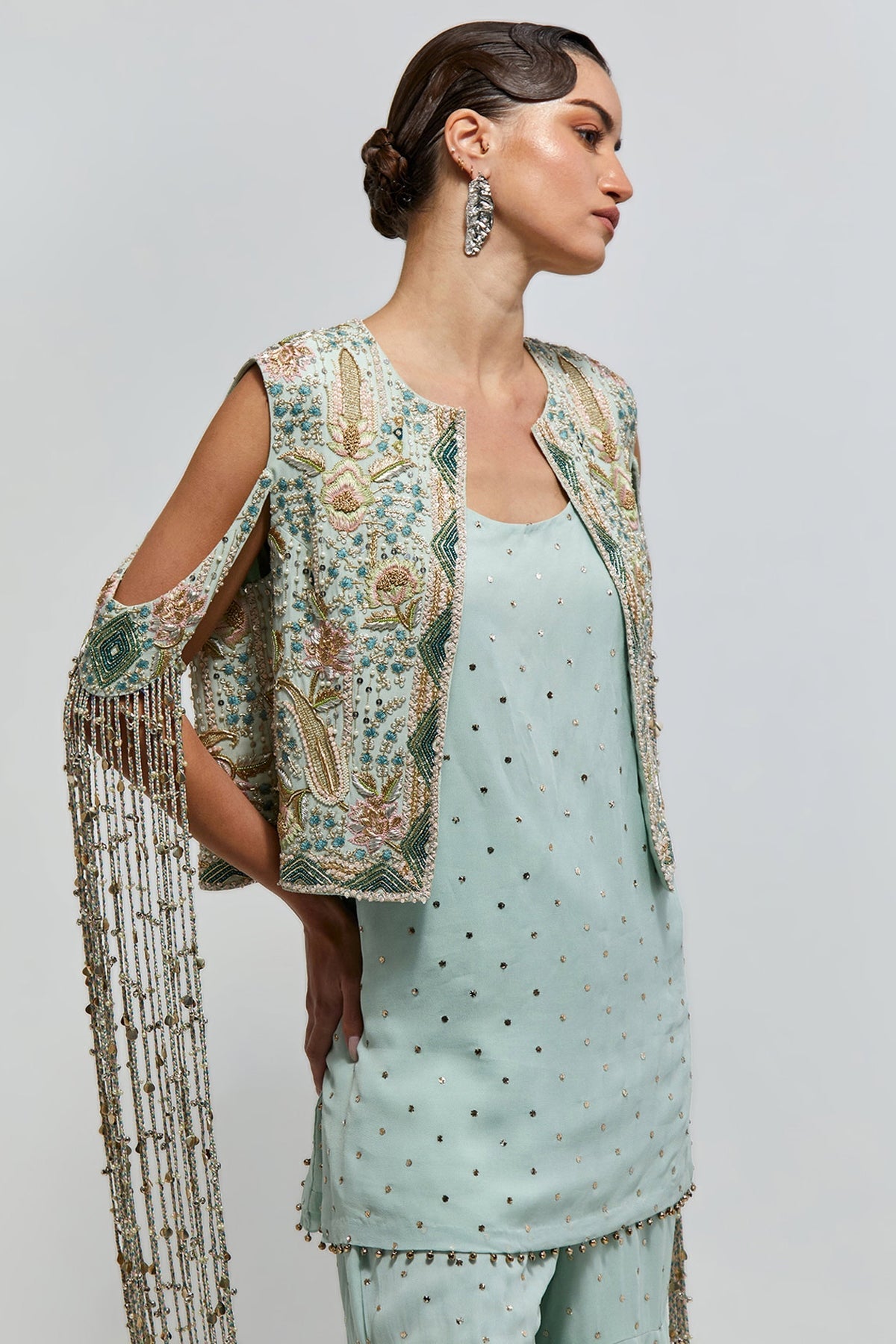 Manzar Powder Blue Georgette Embroidered Jacket With Short Kurta And Sharara