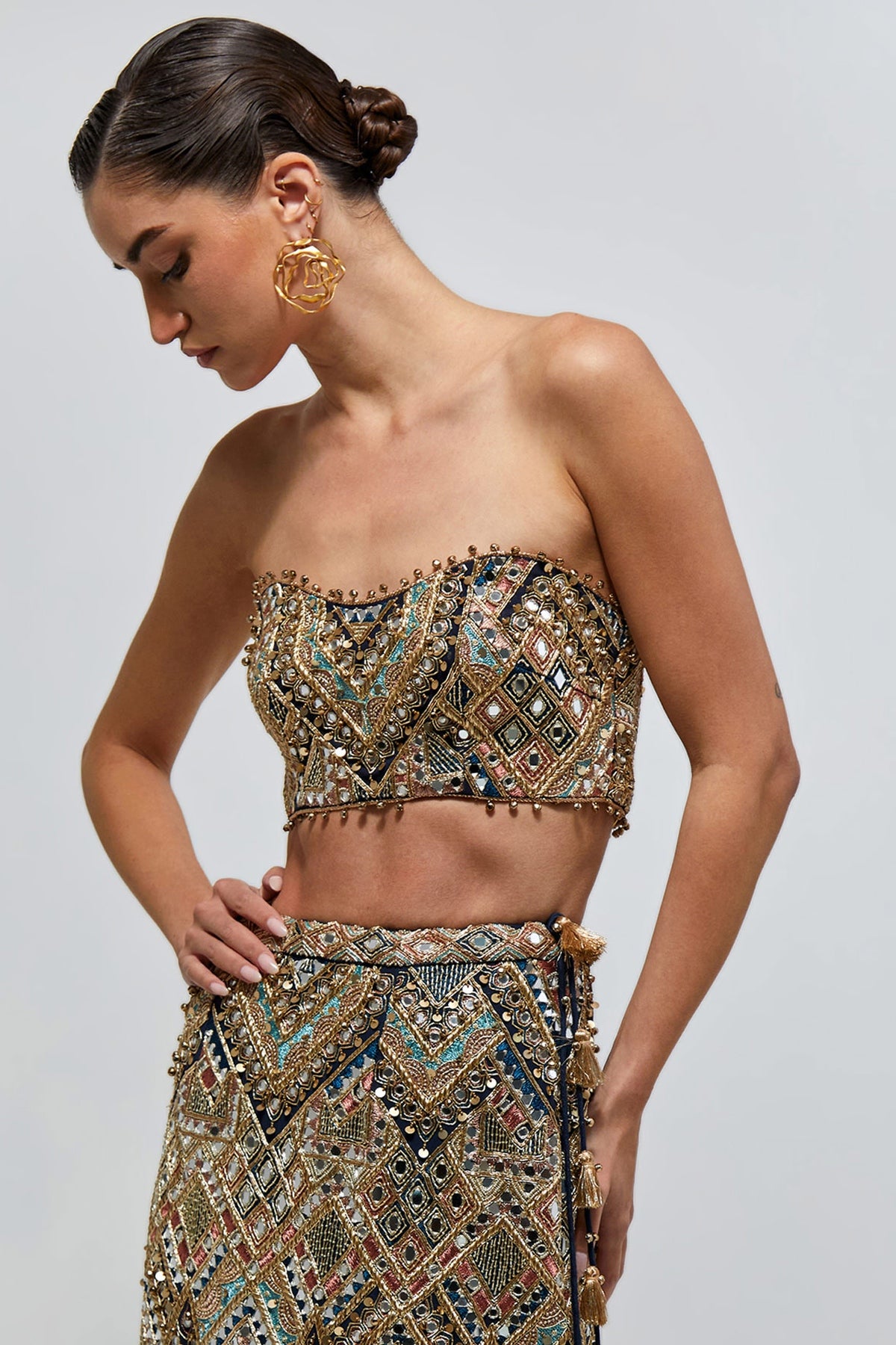 Shahira Navy Blue Georgette Embroidered Bustier And Straight Skirt