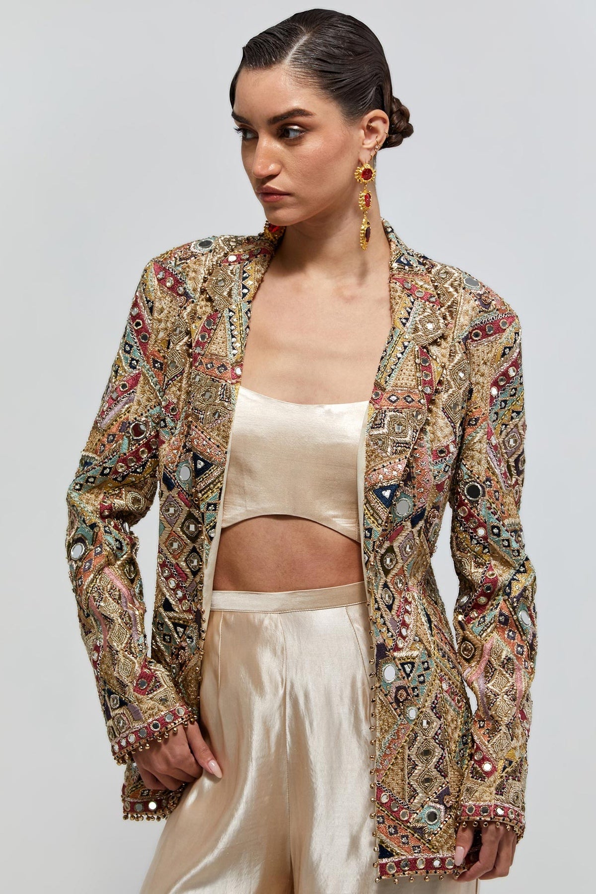 Zeenat Champagne Georgette Embroidered Backless Jacket With Bustier And Balloon Pant