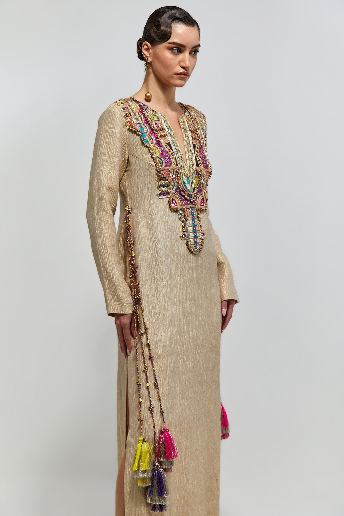 Nouriya Gold Crushed Tissue Embroidered Yoke Beyza Kaftan