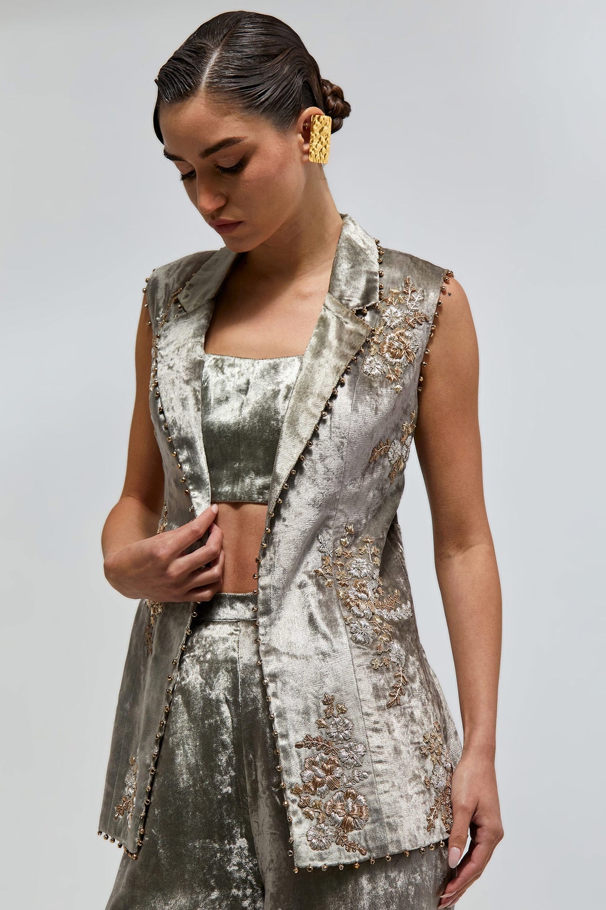 Mehra Grey Velvet Embroidered Backless Jacket With Bustier And Palazzo