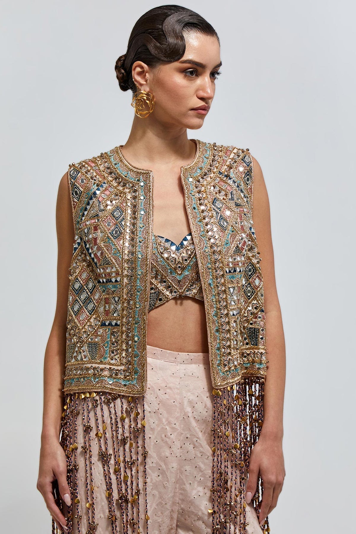 Raha Blush Pink Georgette Embroidered Jacket With Bustier And Katarwa Sharara