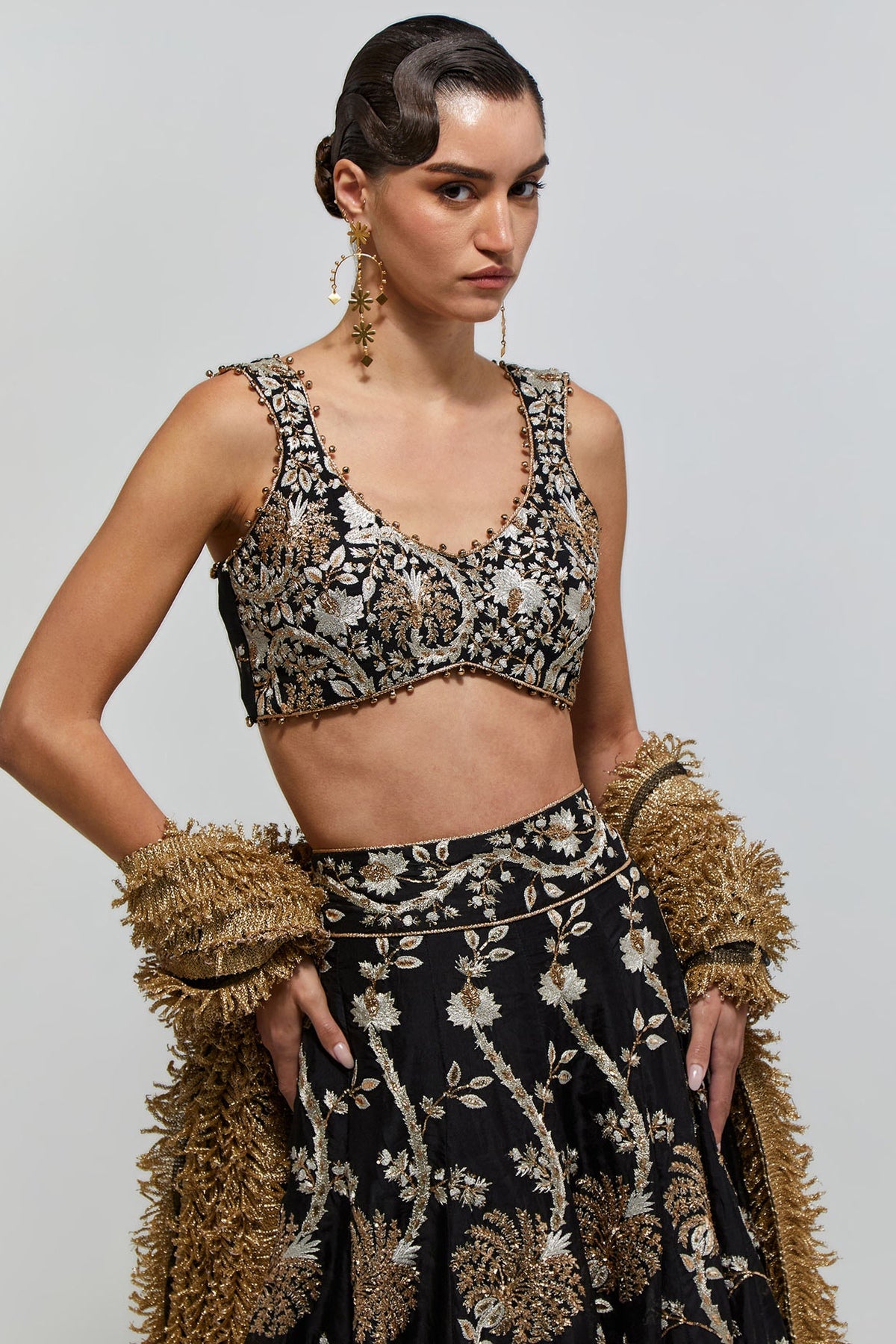 Saher Black Georgette Embroidered Tie Back Choli With Lehenga And Stone Net Laced Dupatta