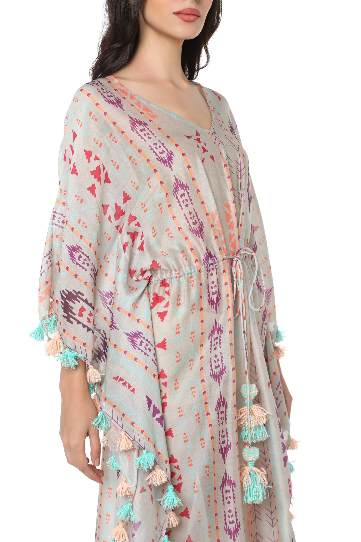 Grey Colour Printed Silkmul Kaftan