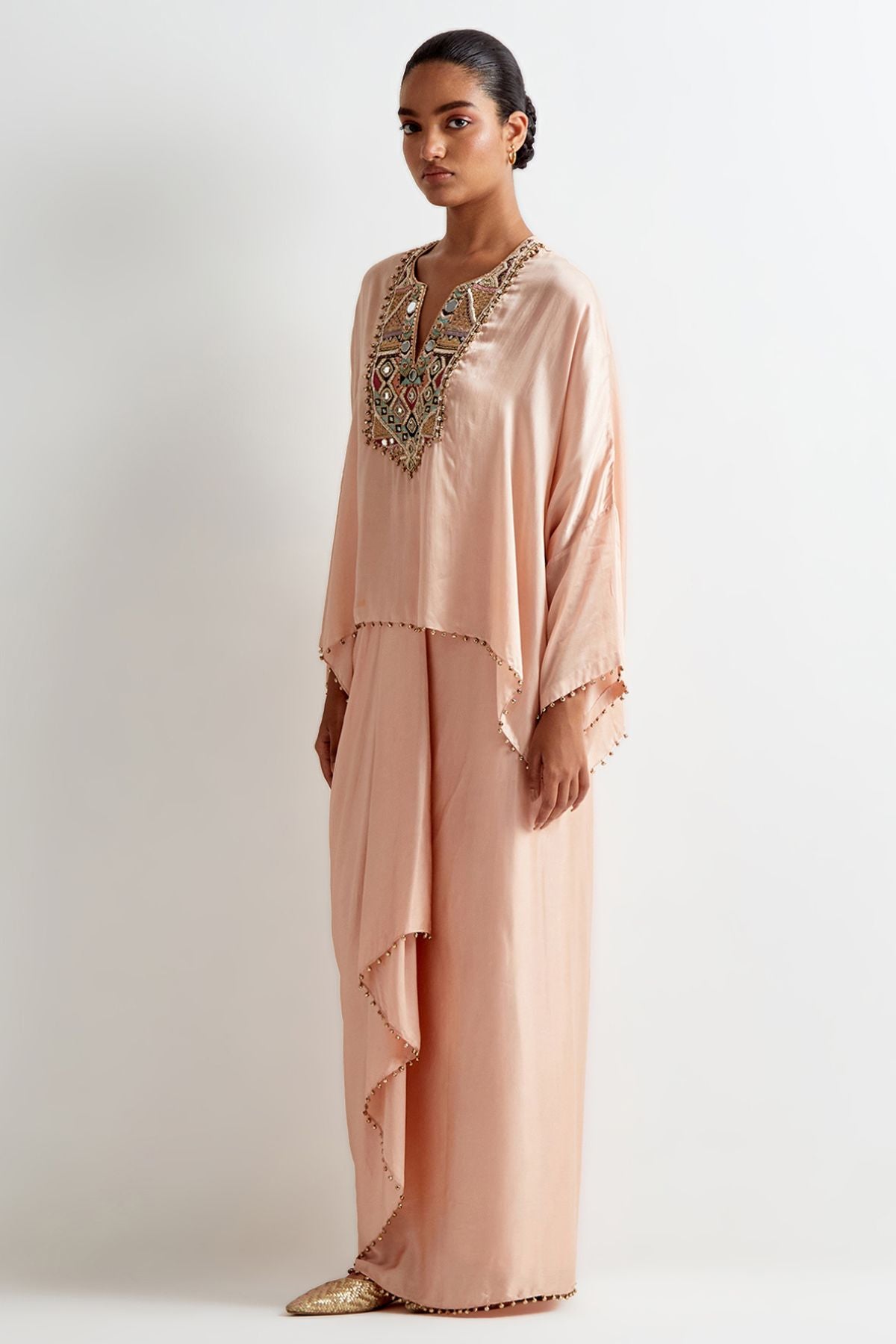 Blush Pink Satin Embroidered Yoke Kaftan Top And Lungi Skirt