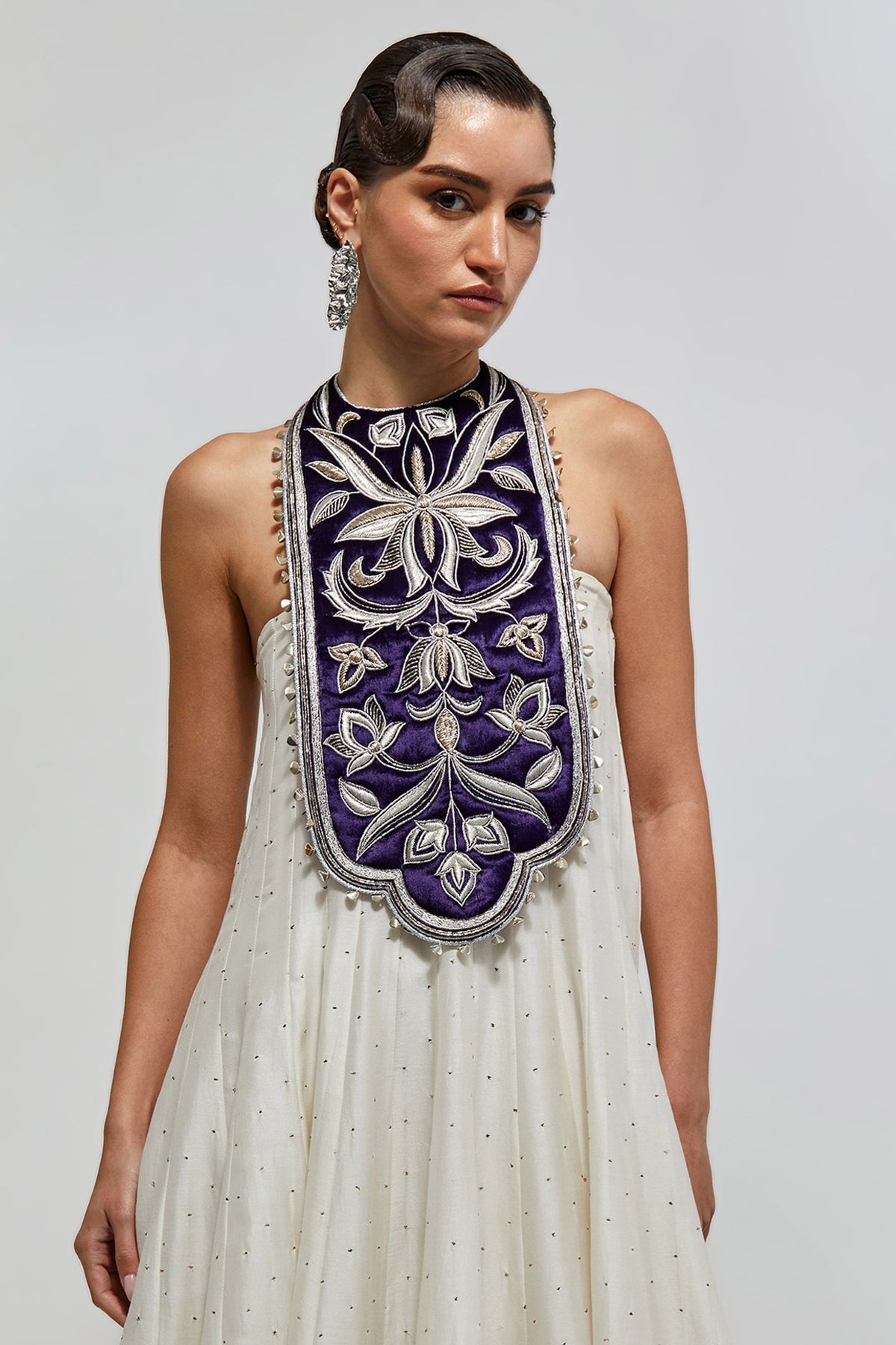 Itra Purple Embroidered Quilted Detachable Necklace With Off-White Anarkali And Soft Net Churidar