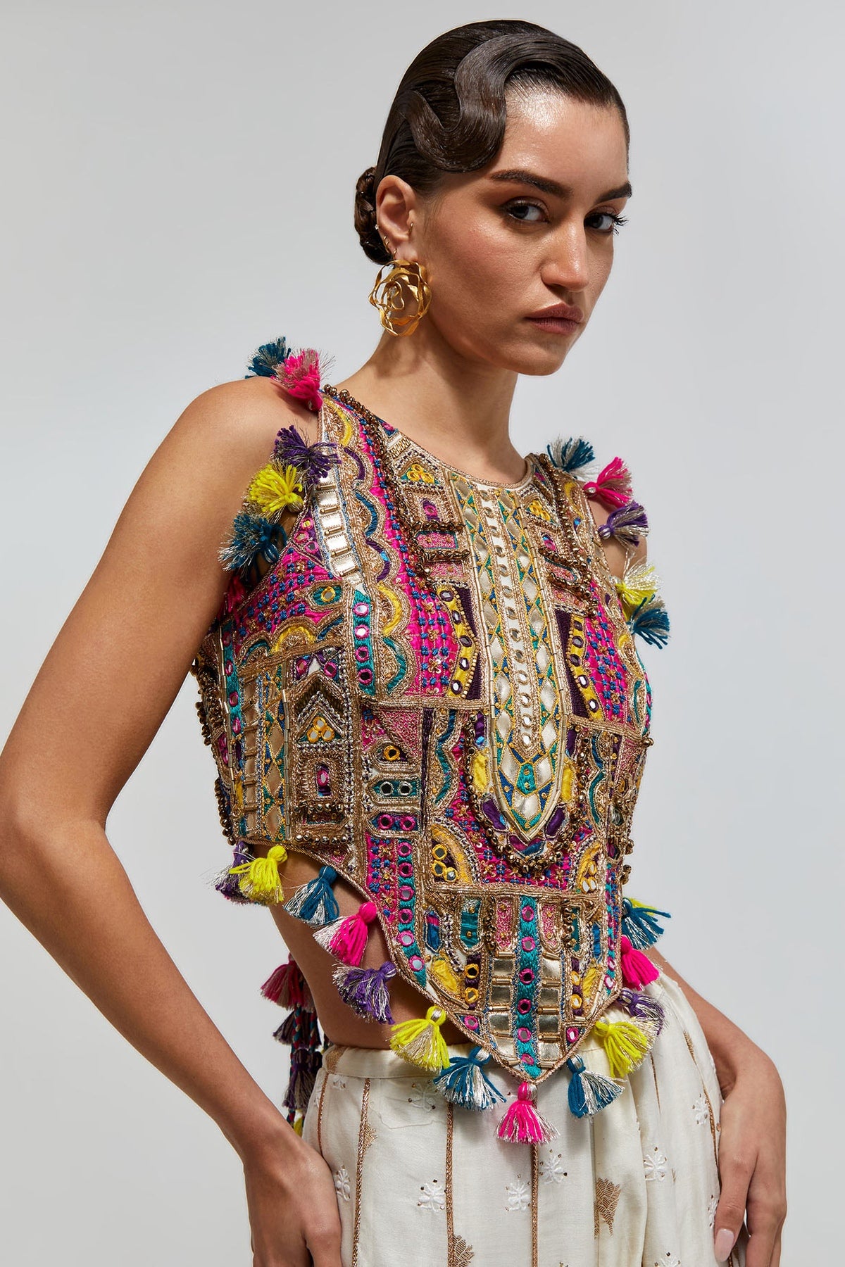 Fez Off-White Georgette Embroidered Choli And Banarasi Silkmul Sharara